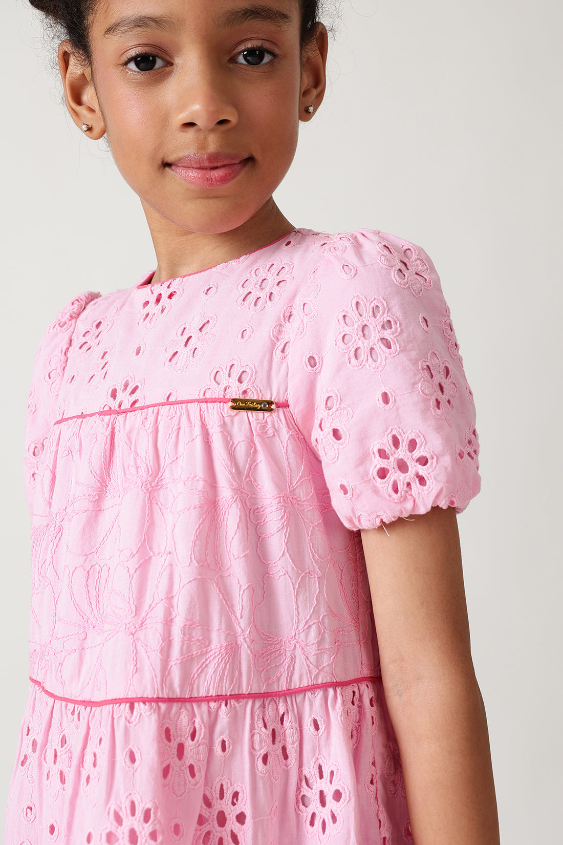 Girls Pink A-Line Short Sleeve Solid Dress By One Friday