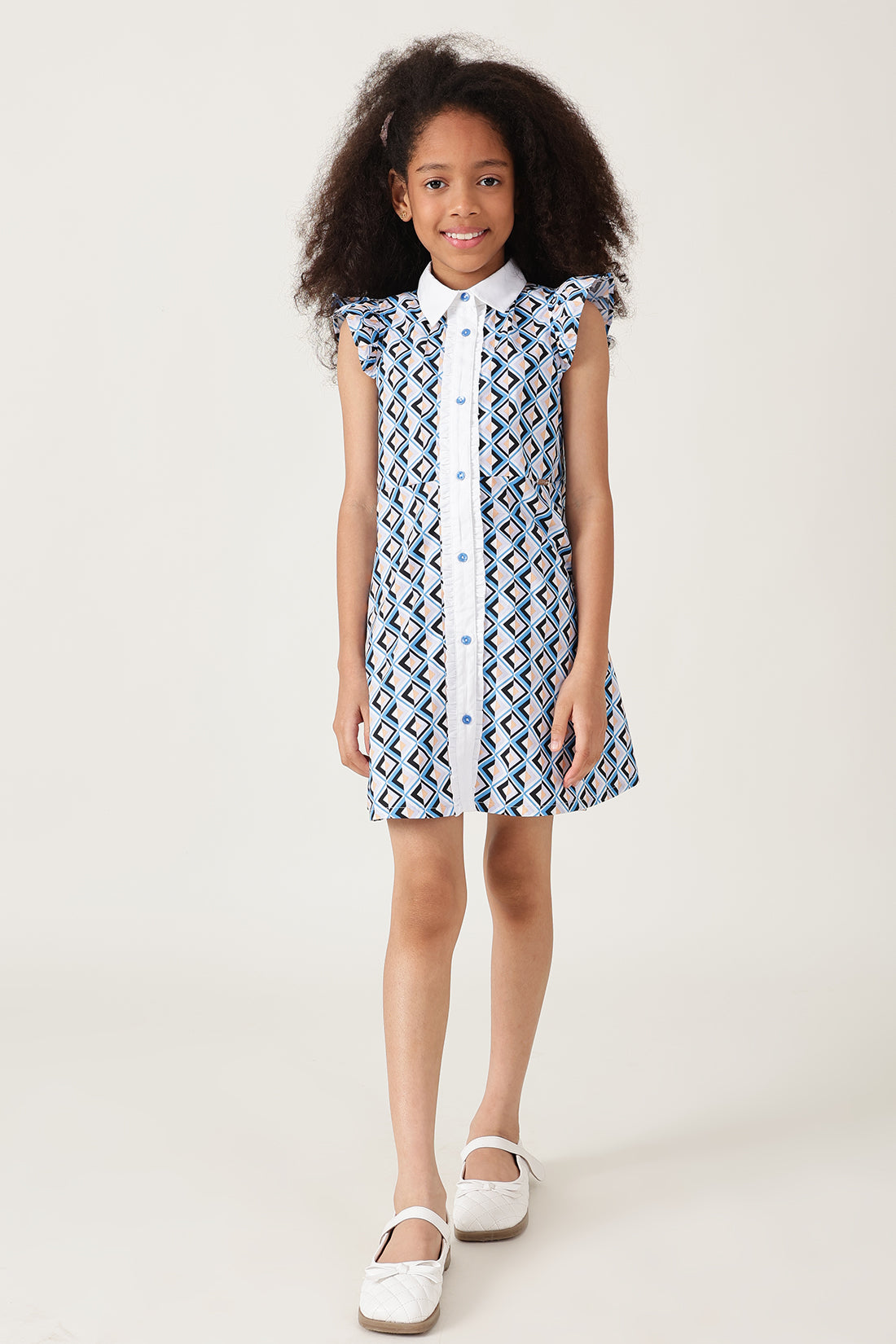 Girls Blue Frill Sleeve Geometrical Print Dress Online | One Friday