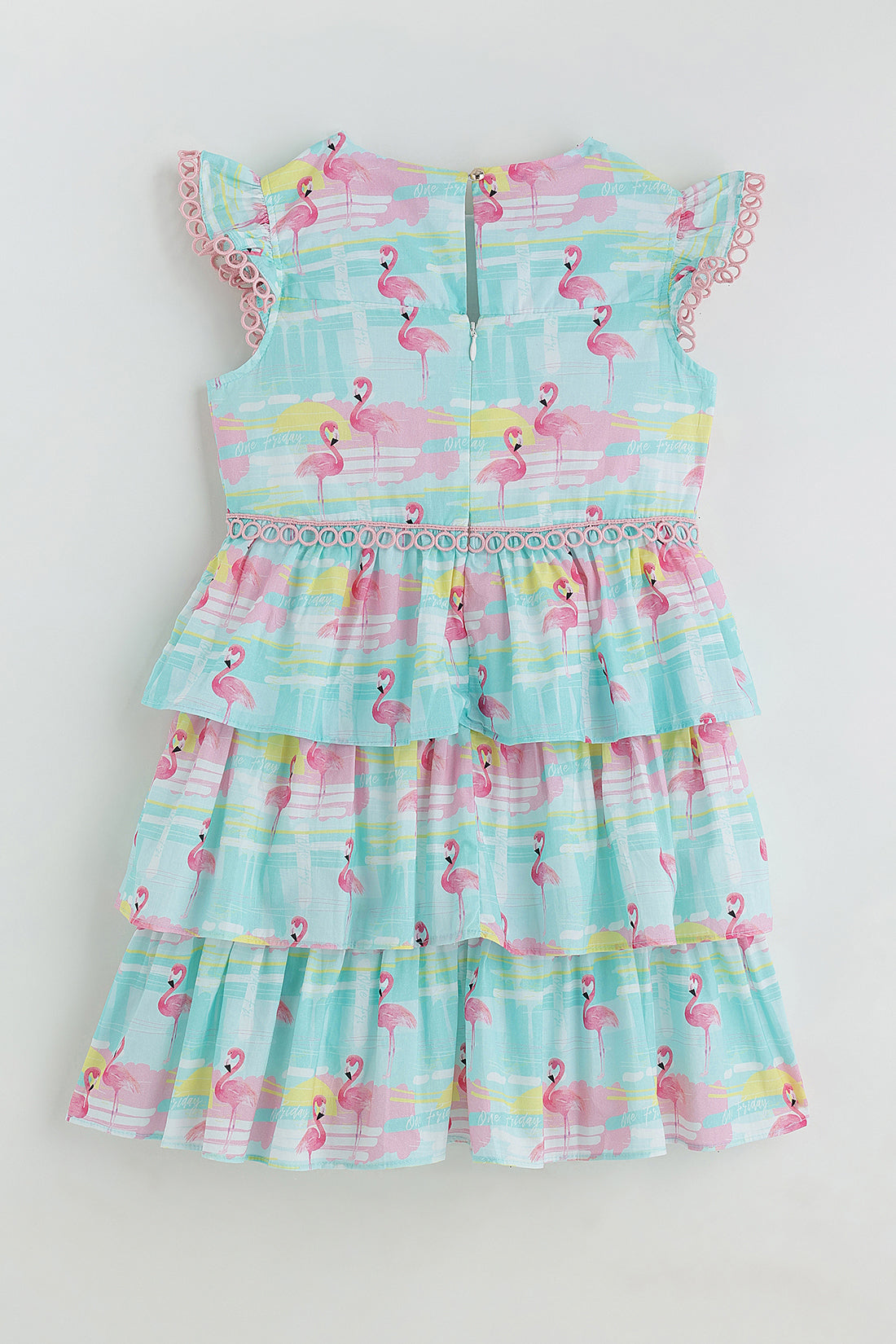 Girls Multicolor Drop Waist Printed Dress with Frill Sleeves by One Friday