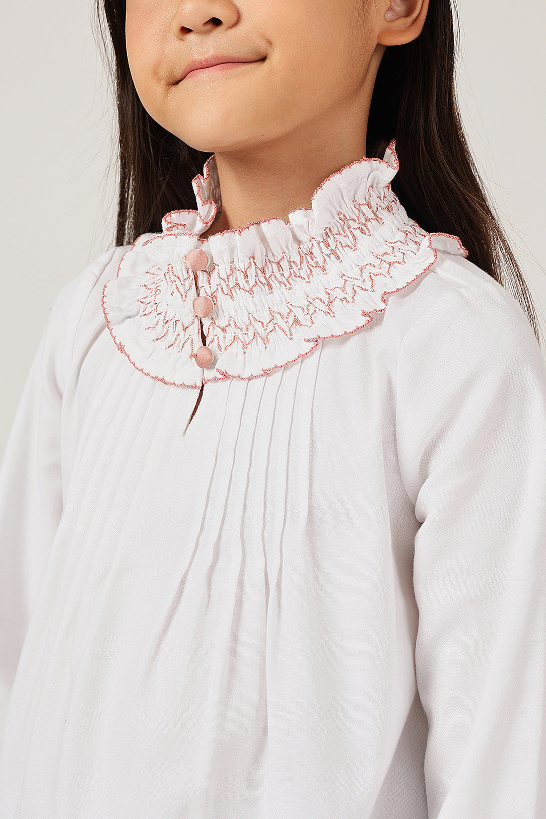 Girls White High Neck Full Sleeve Woven Top