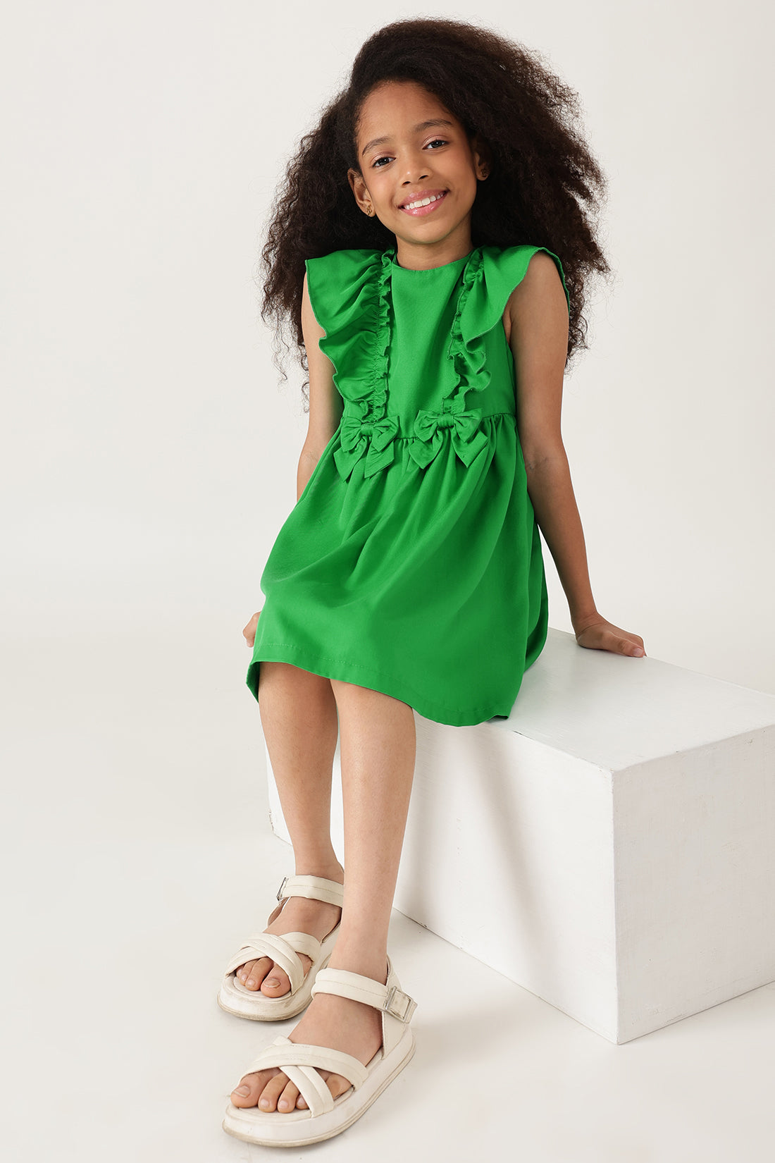Girls Green Drop Waist Solid Dress with Frill Sleeves By One Friday