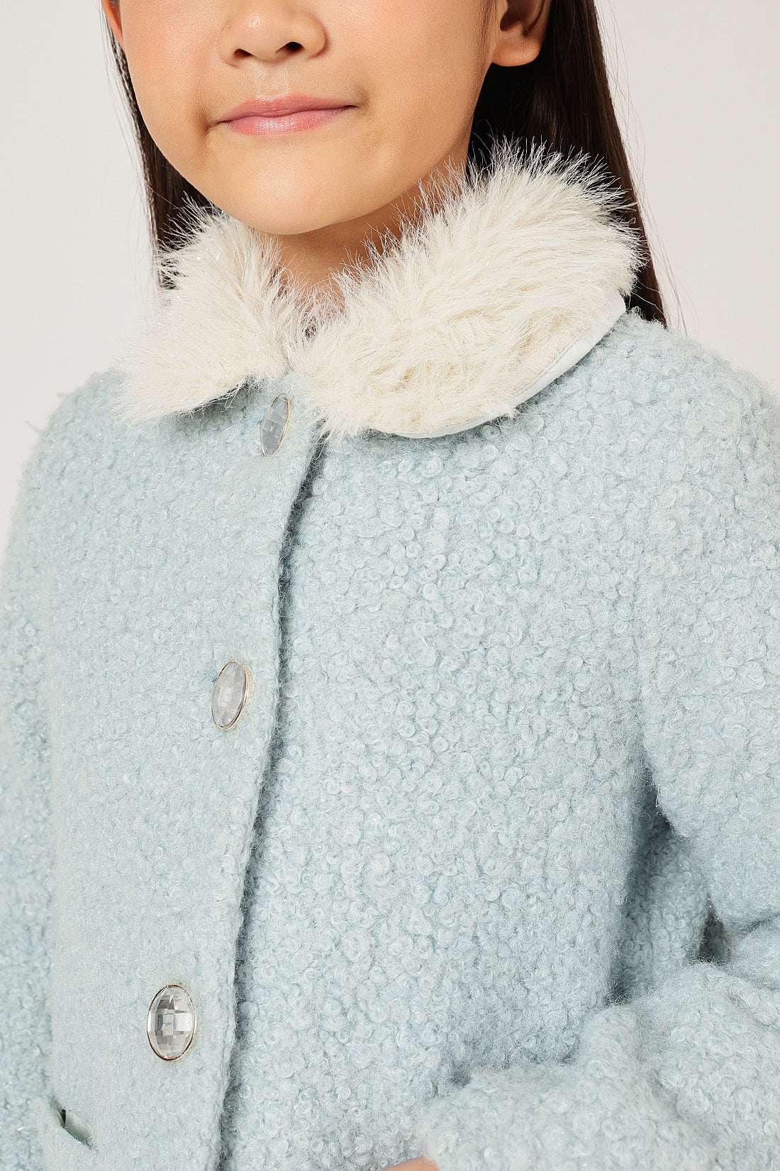 Girls Aqua Fur Buttoned Shirt Collar Overcoat