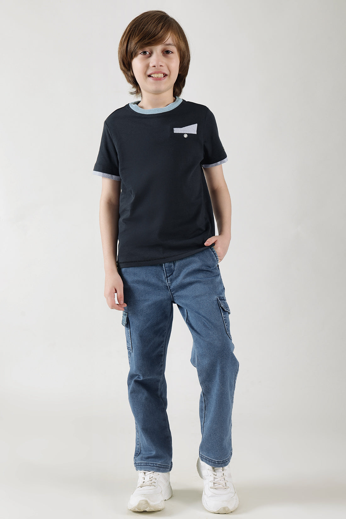 Boys Blue Regular Fit Solid Denim Cargo by One Friday