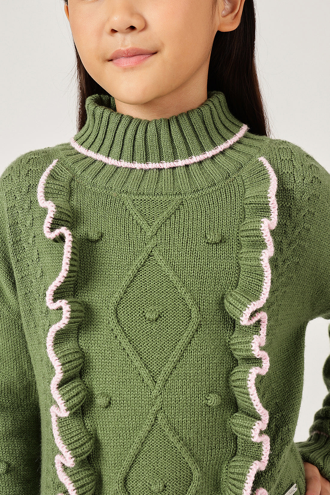 Girls Olive High Neck Knit Sweater