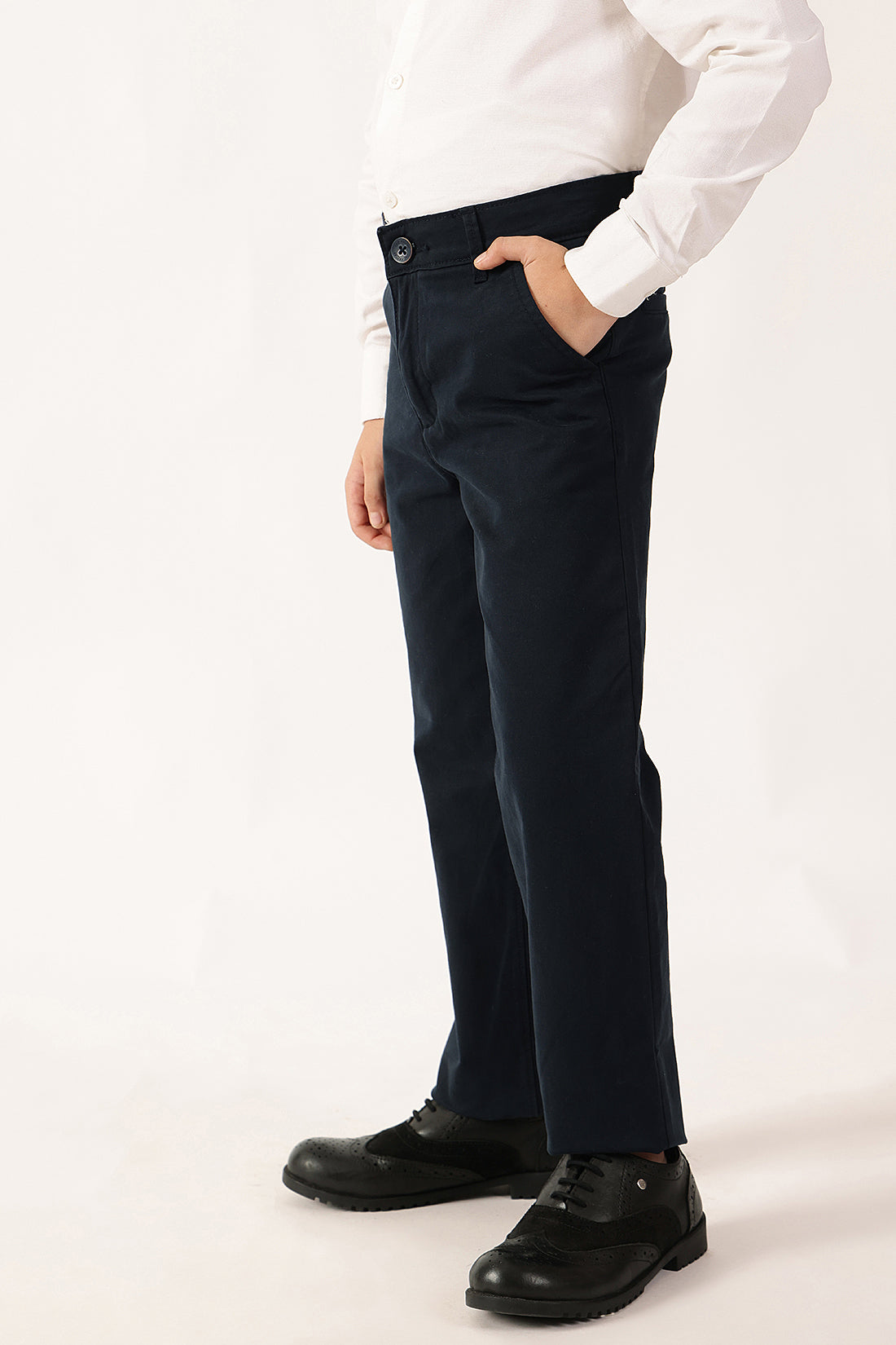 Boys Navy Blue Solid Stretch Trousers | One Friday
