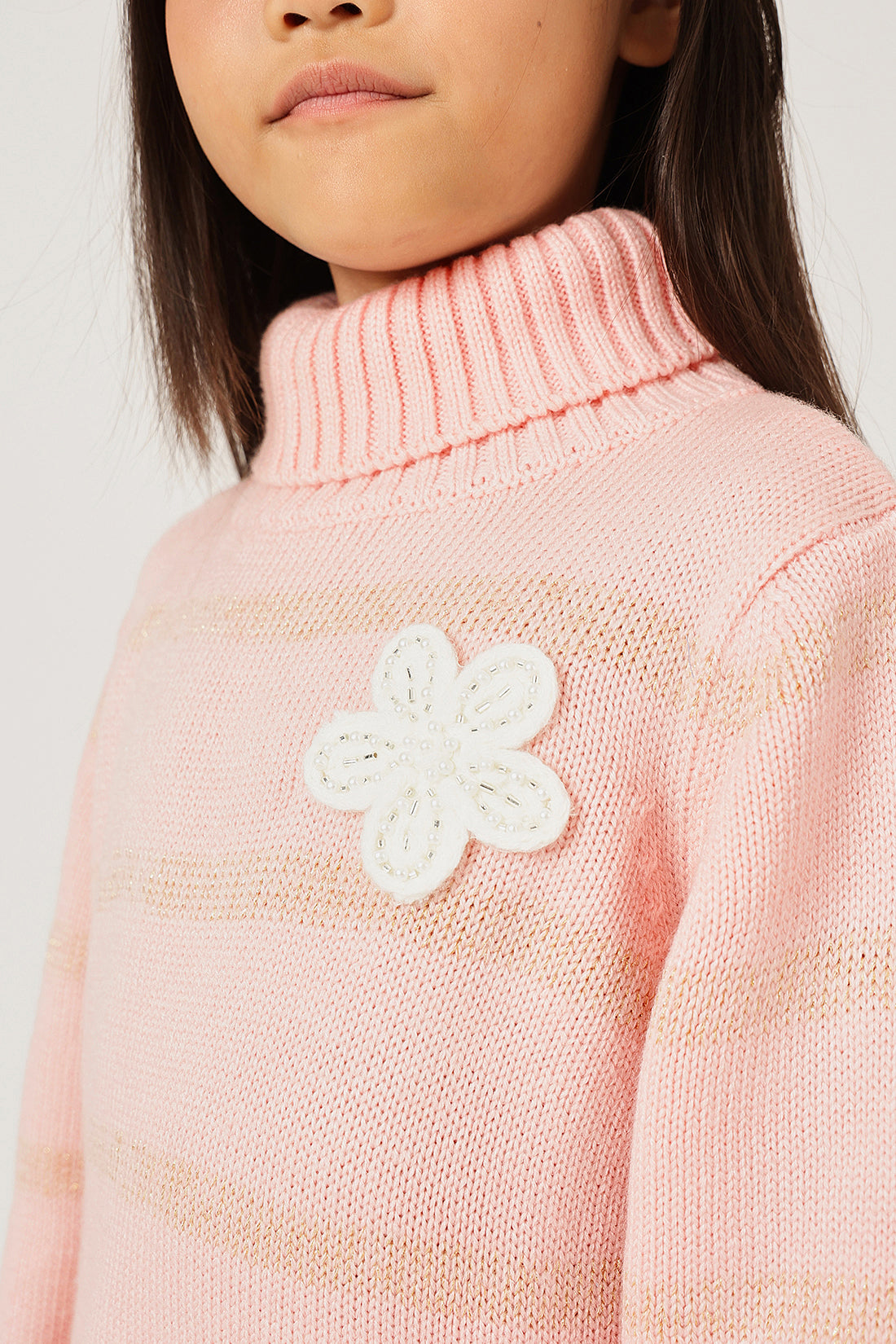 Girls Pink High Neck Knit Sweater