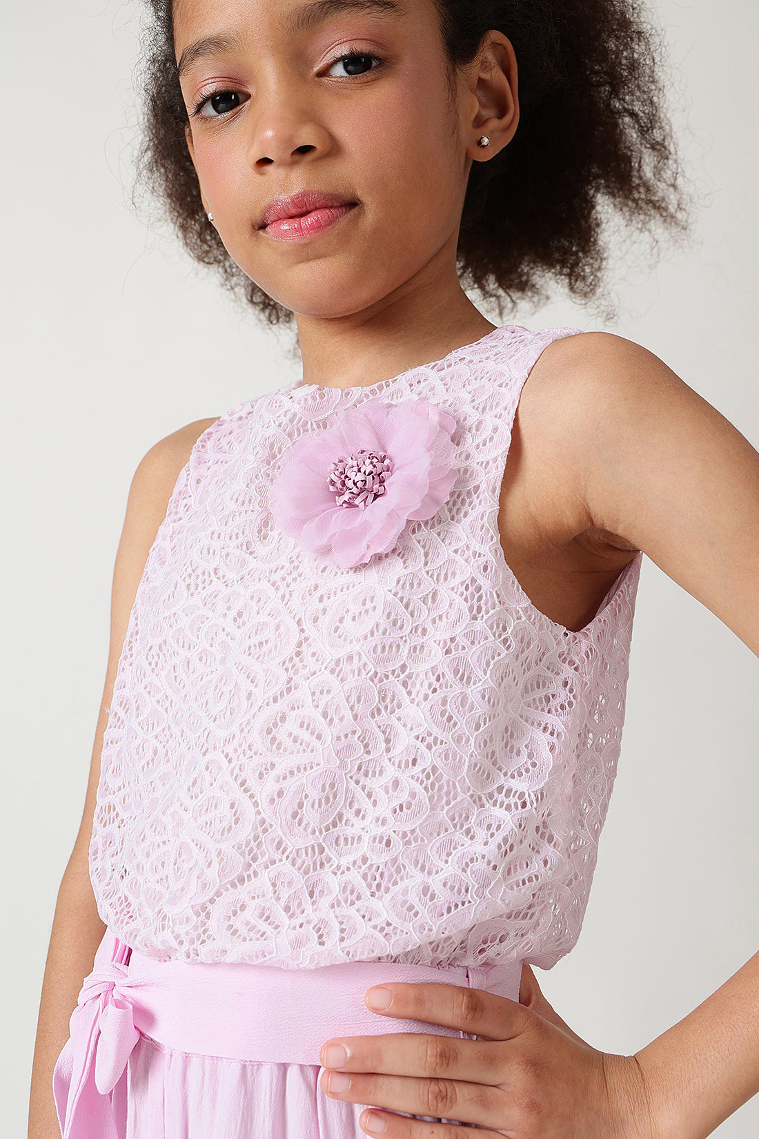 Girls Lavender Regular Sleeveless Laced Jumpsuit by One Friday