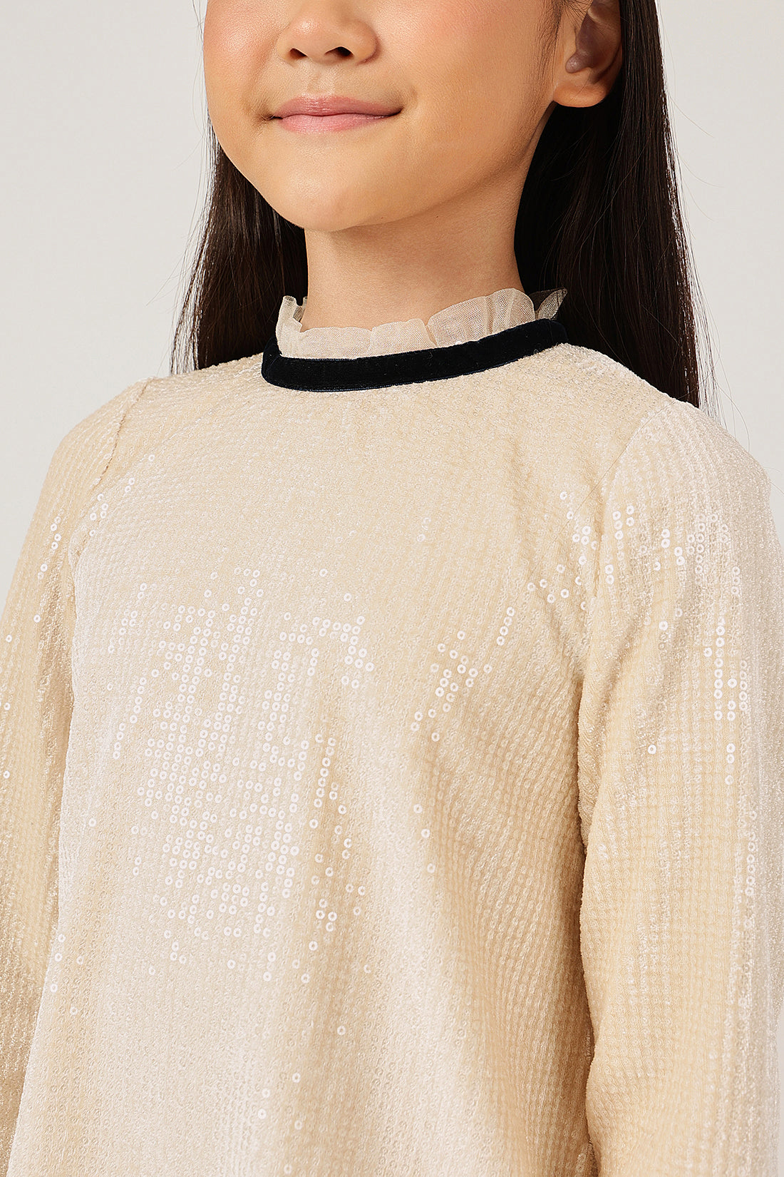 Girls Beige Sequin Full Sleeve Woven Dress | One Friday