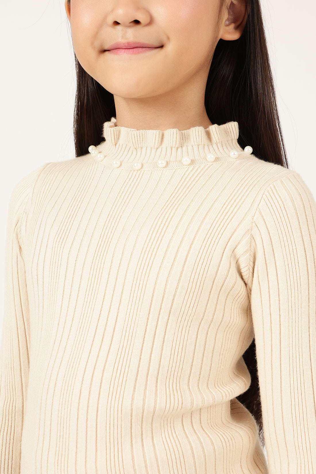 Girls Off White Solid Knit High Neck Jumper | One Friday