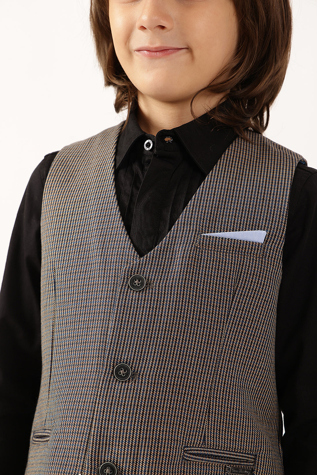 Boys Multi Checked Sleeveless V-Neck Waistcoat