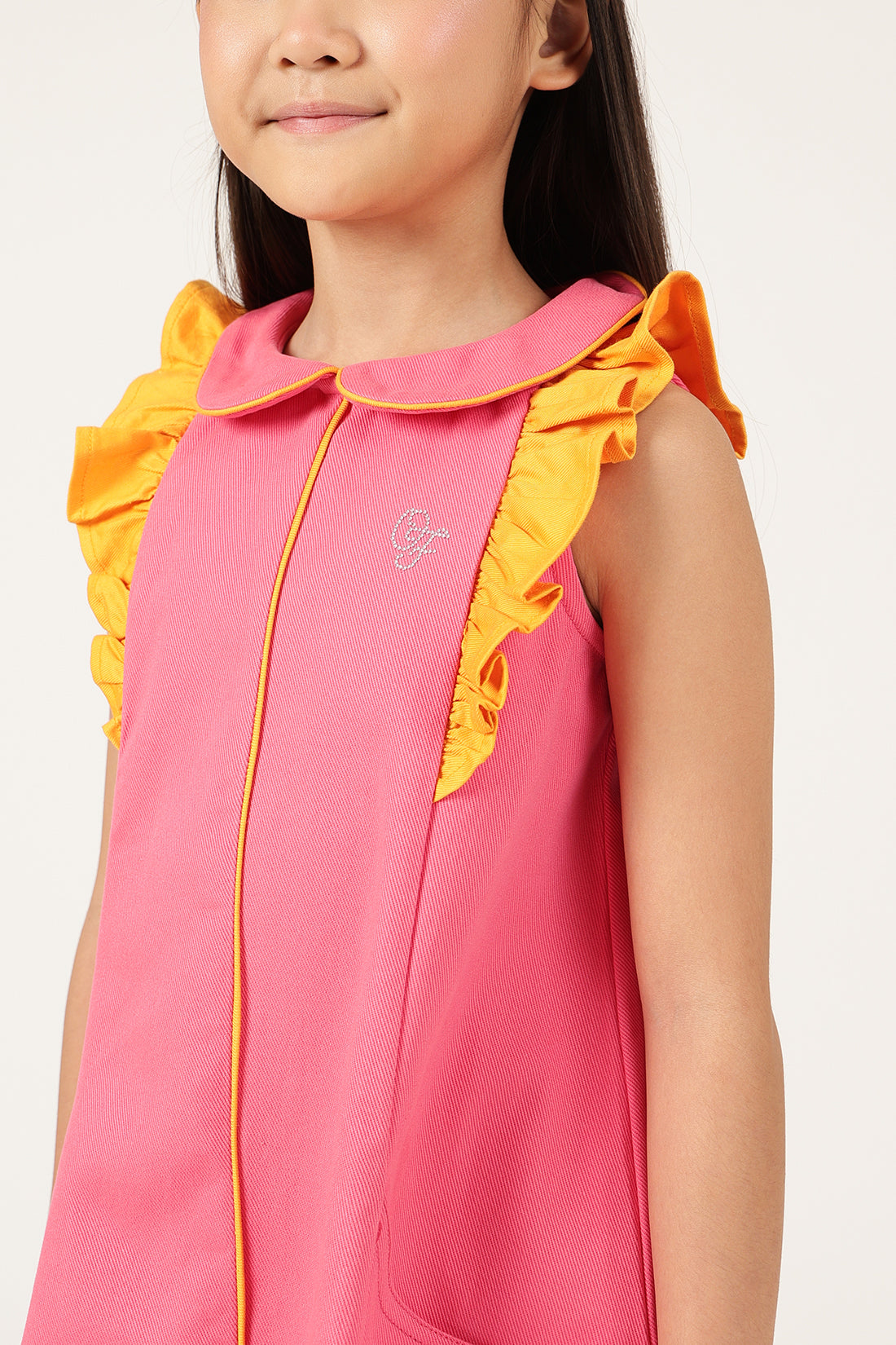 Girls Pink Solid Cotton Sleeveless Peter Pan Collar Dress | One Friday