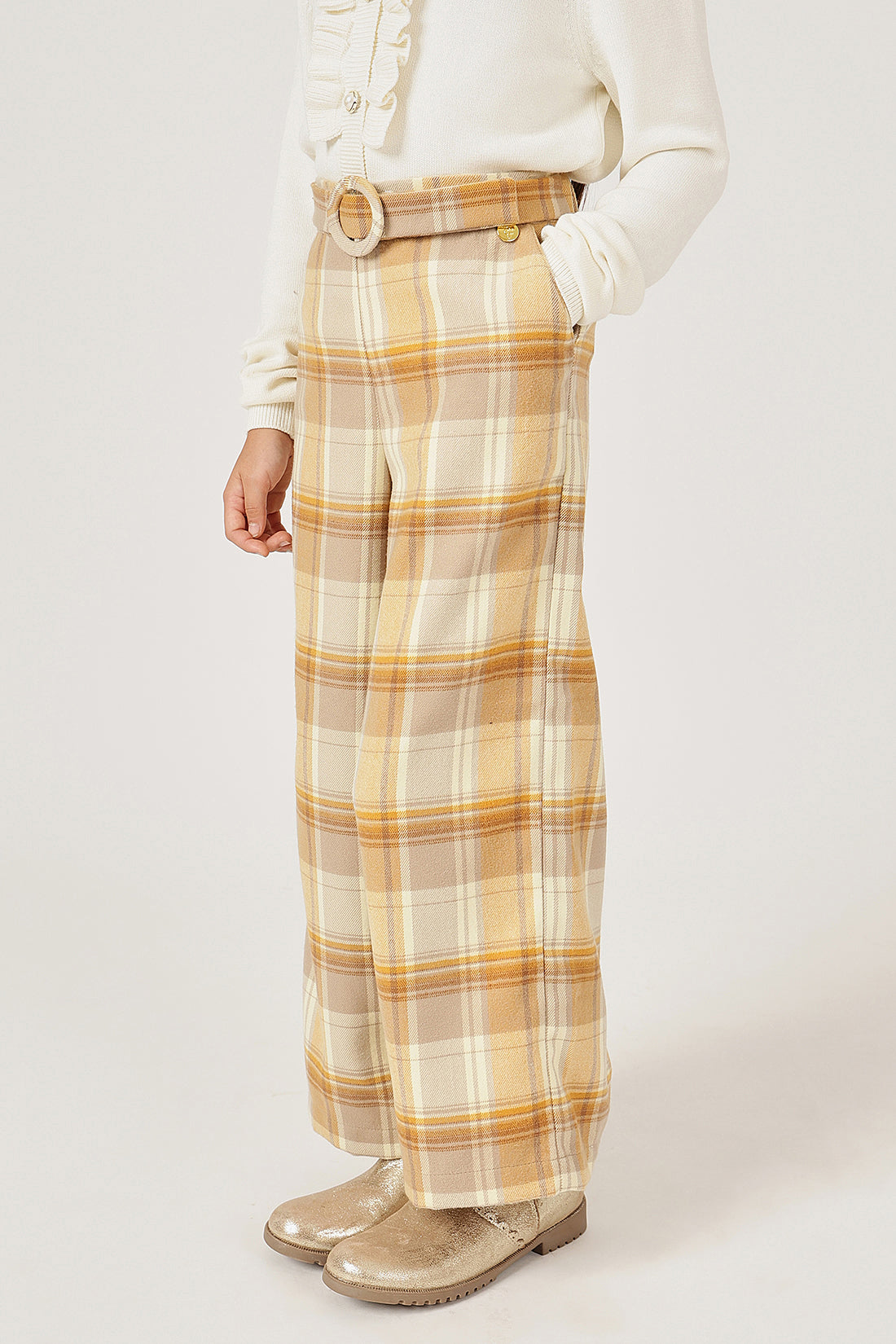 Girls Multicolour Checked Trouser with Button