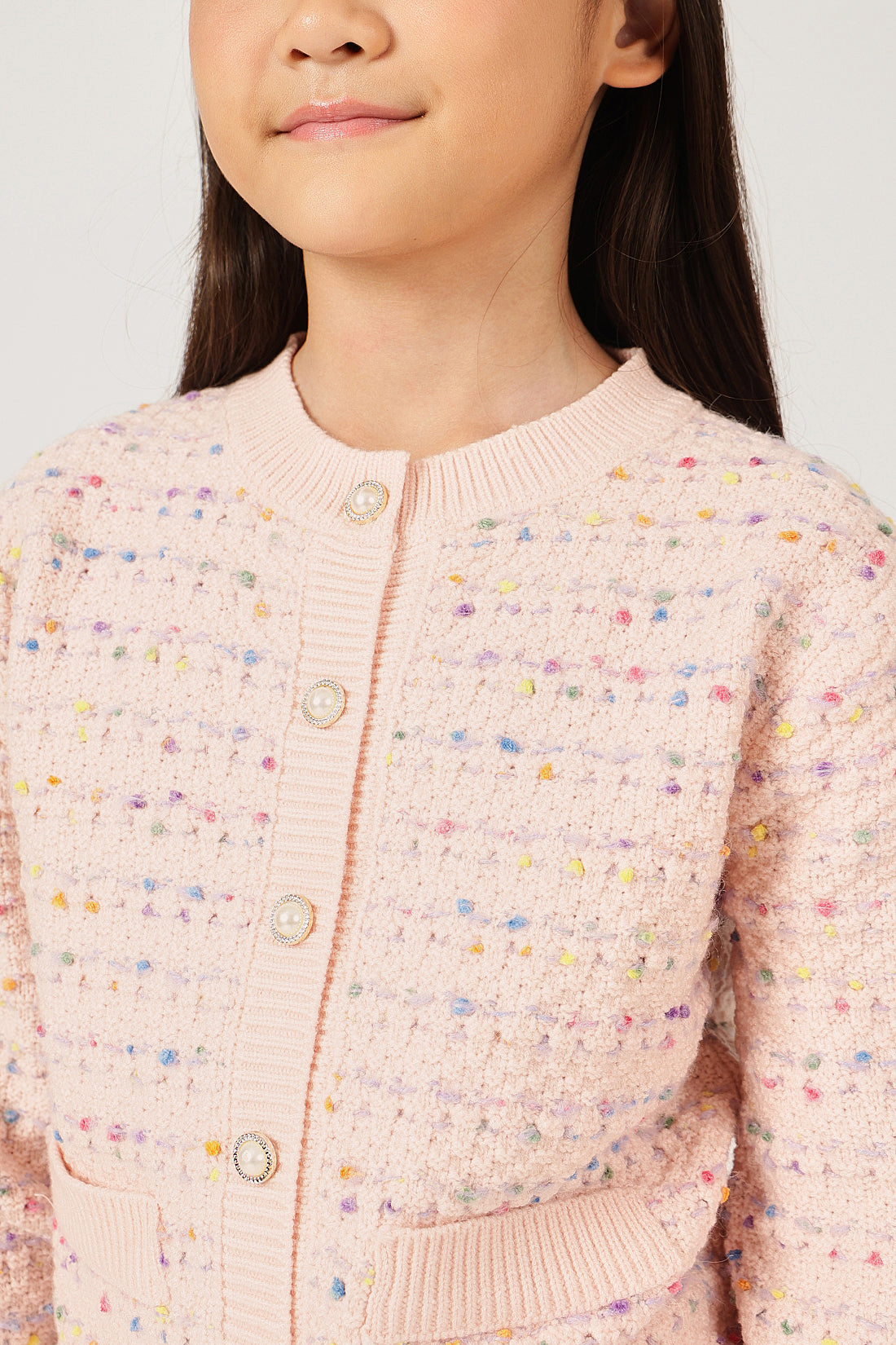 Girls Peach Round Neck Button Full Sleeve Cardigan