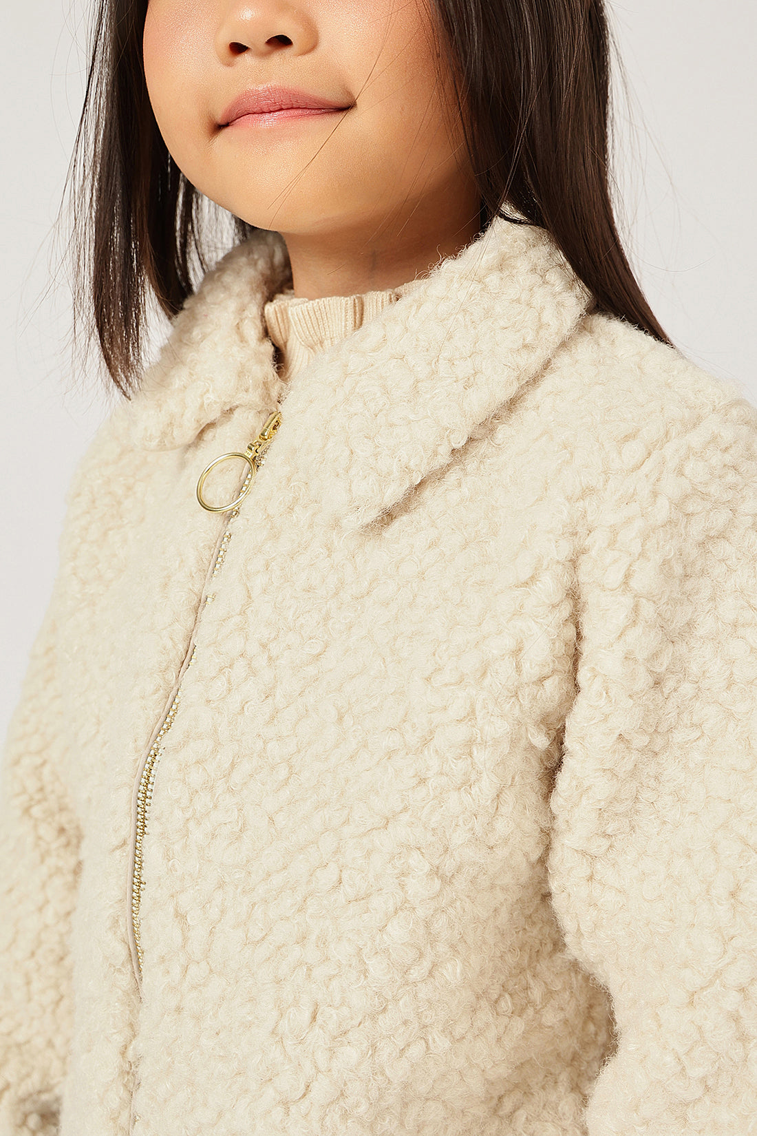 Girls Beige Solid Full Sleeve Shirt Collar Jacket | One Friday