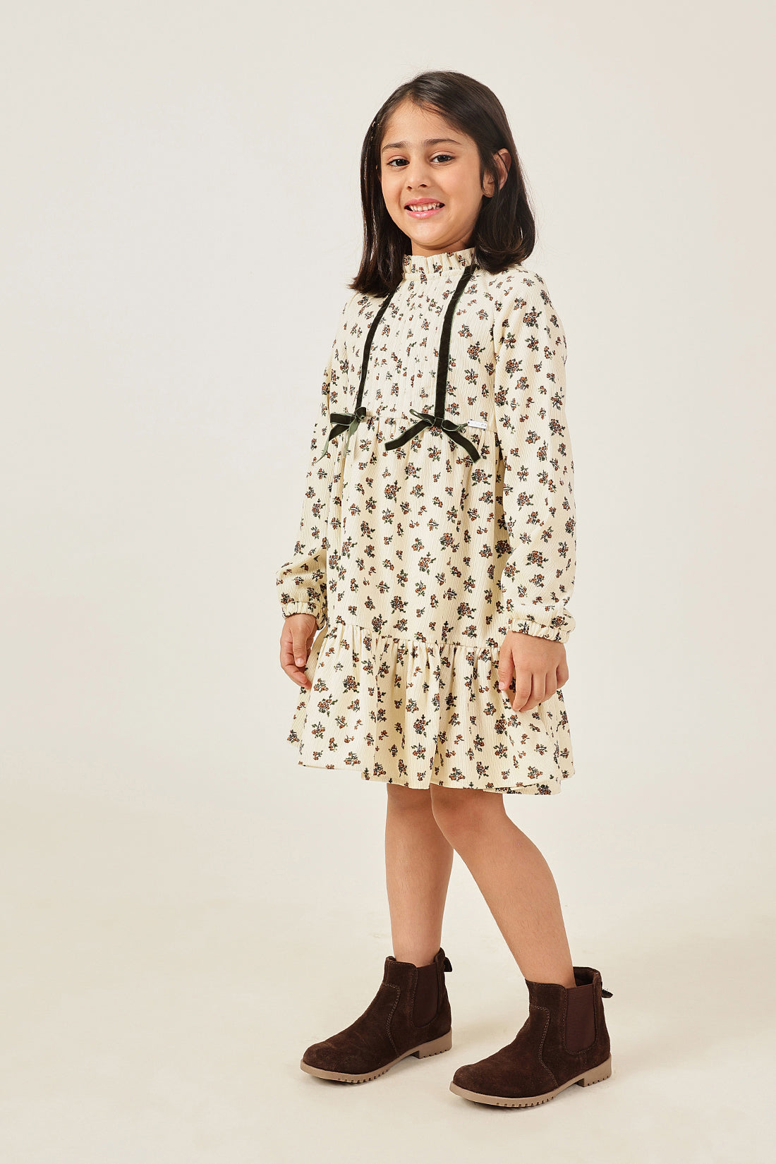 Girls Floral Print High Neck Full Sleeve Dress Multicolour | One Friday