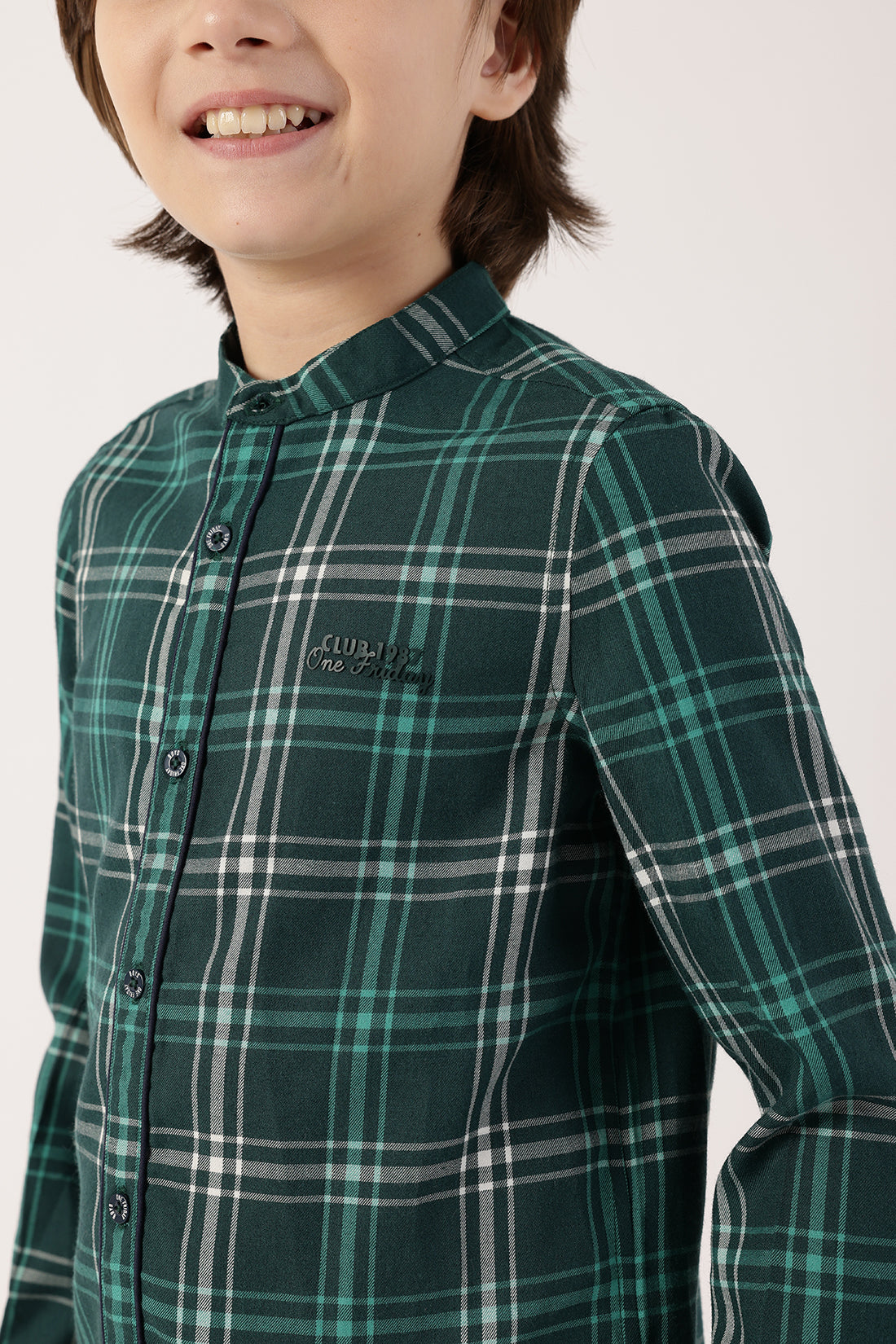 Boys Green Checked Woven Shirt Premium Polyester