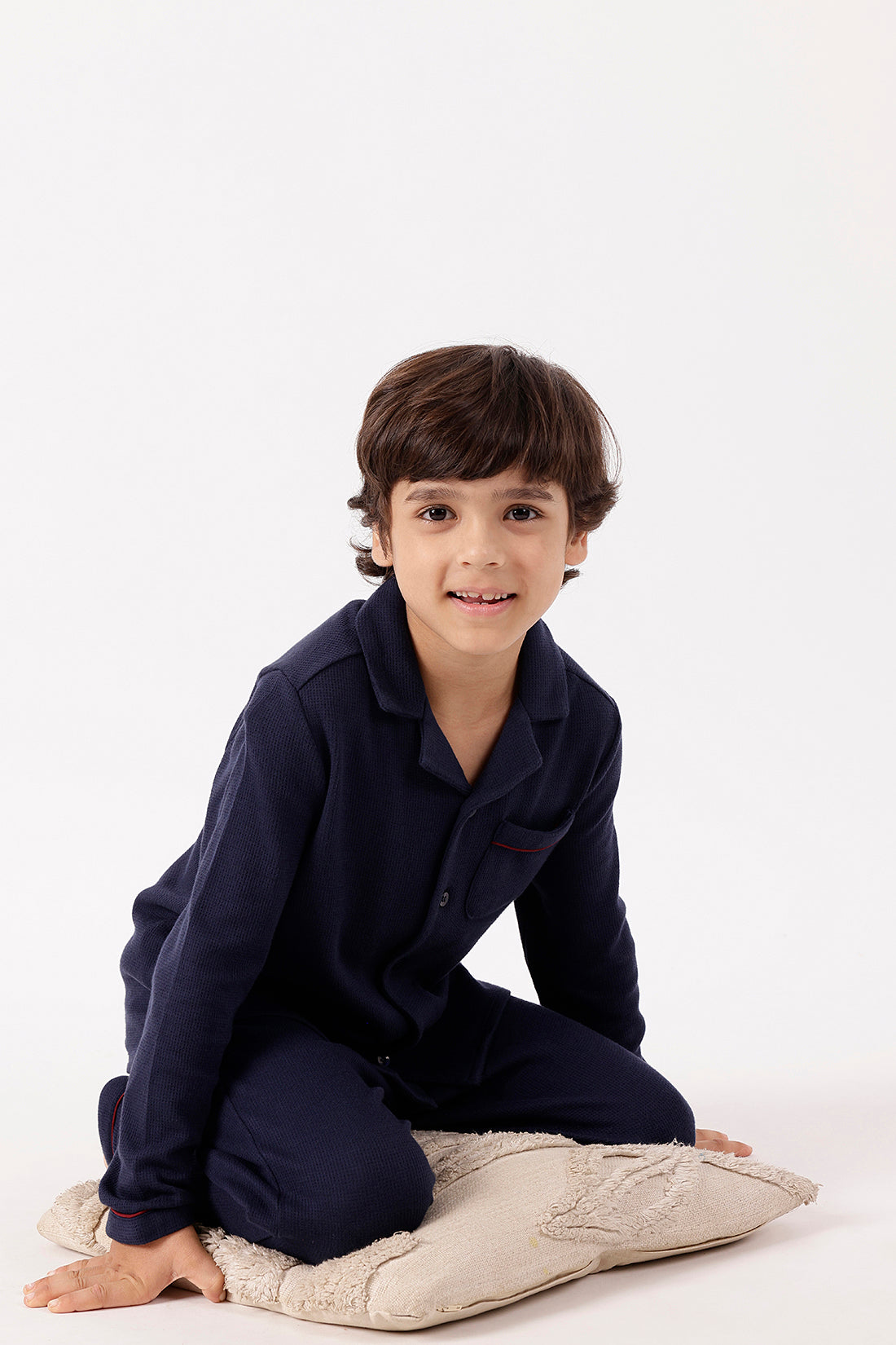 One Friday Boys’ Navy Blue Knitted Night Suit – Soft Finish for Cozy Sleep