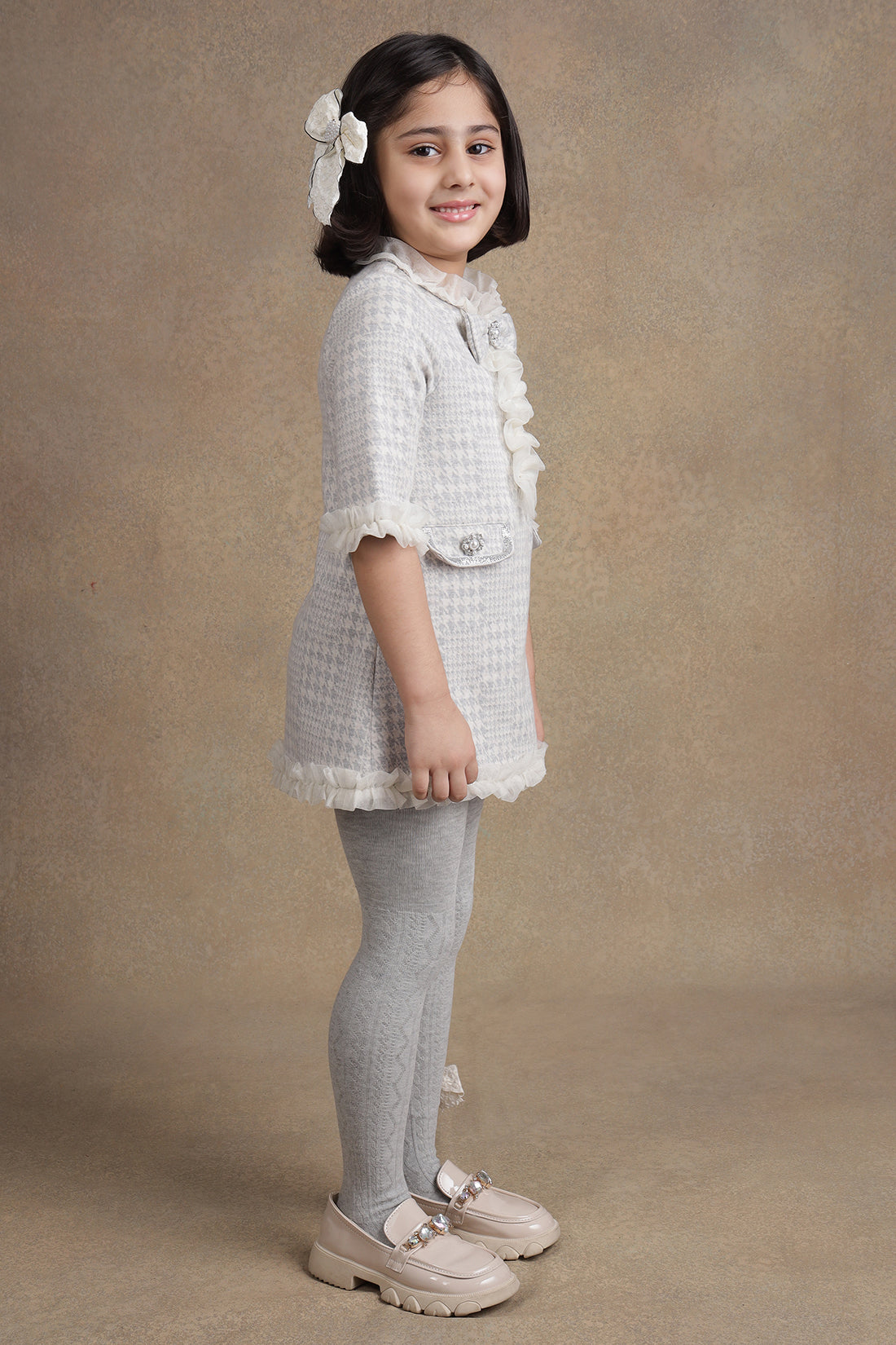 Girls Grey Checks Short Woolen Dress