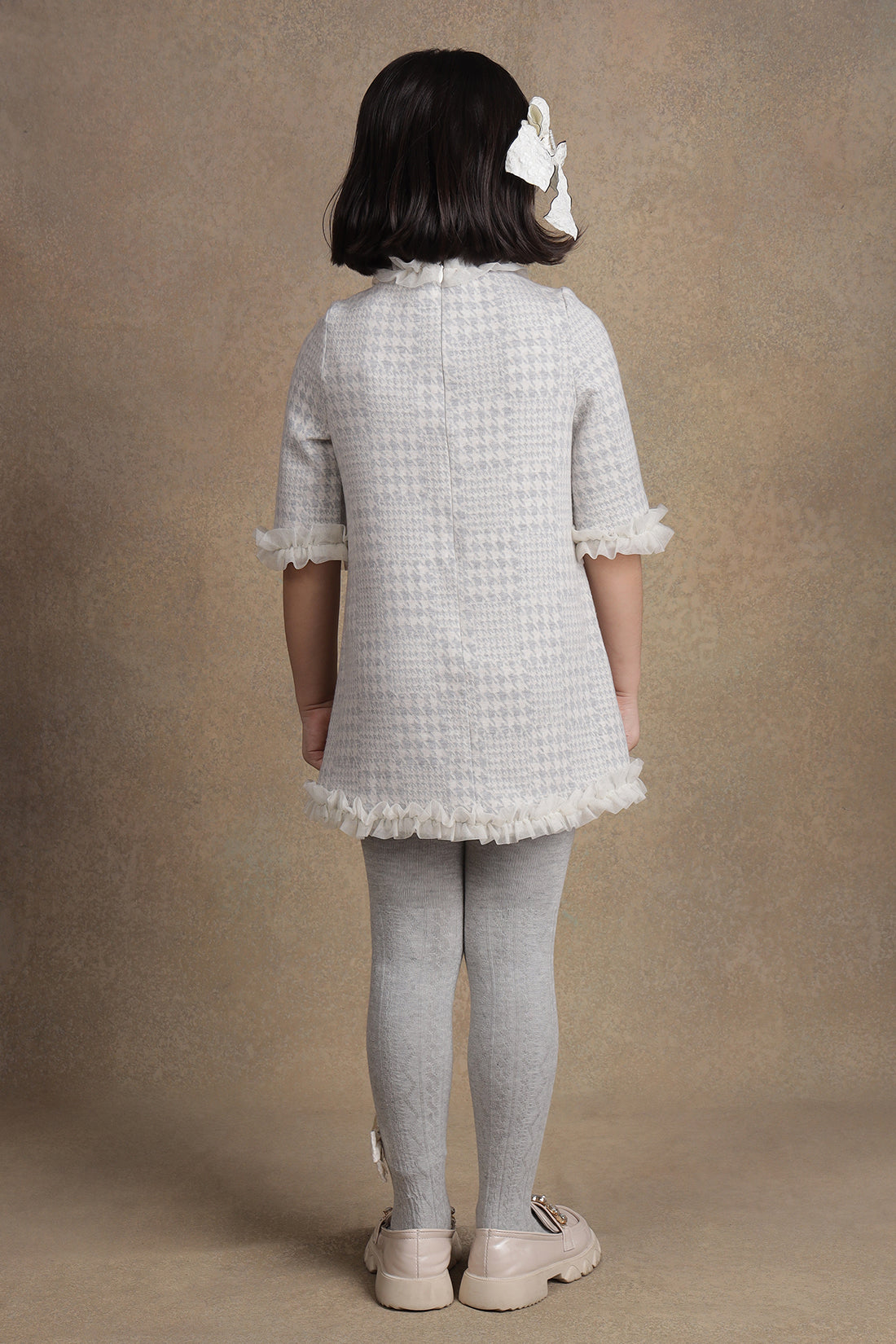 Girls Grey Checks Short Woolen Dress