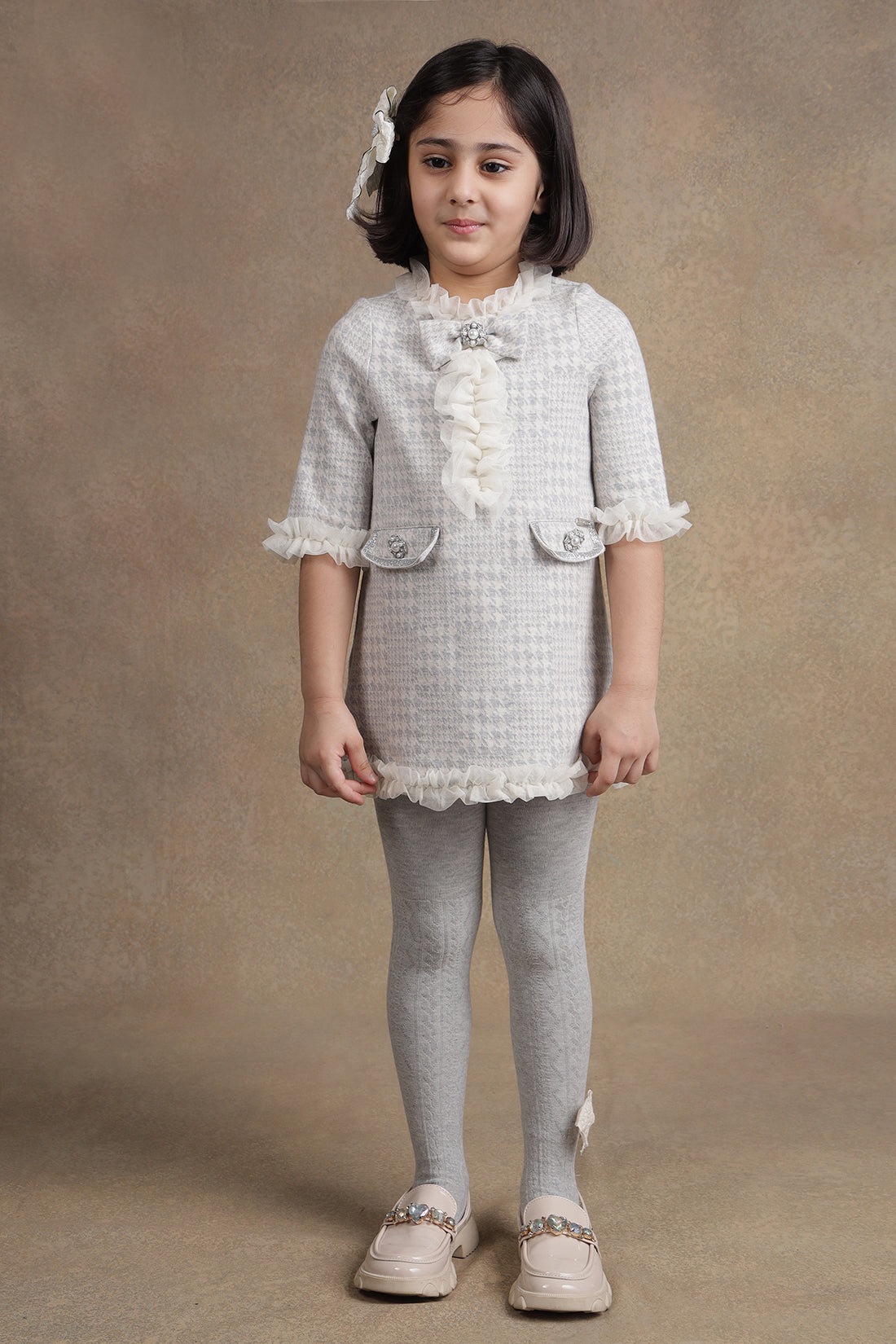 Girls Grey Checks Short Woolen Dress