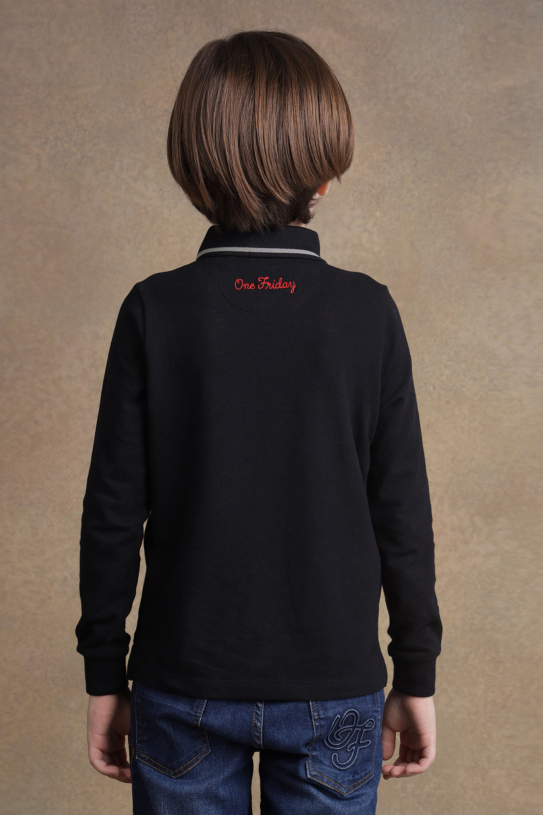 One Friday Boys Black Full Sleeves Polo T-shirt
