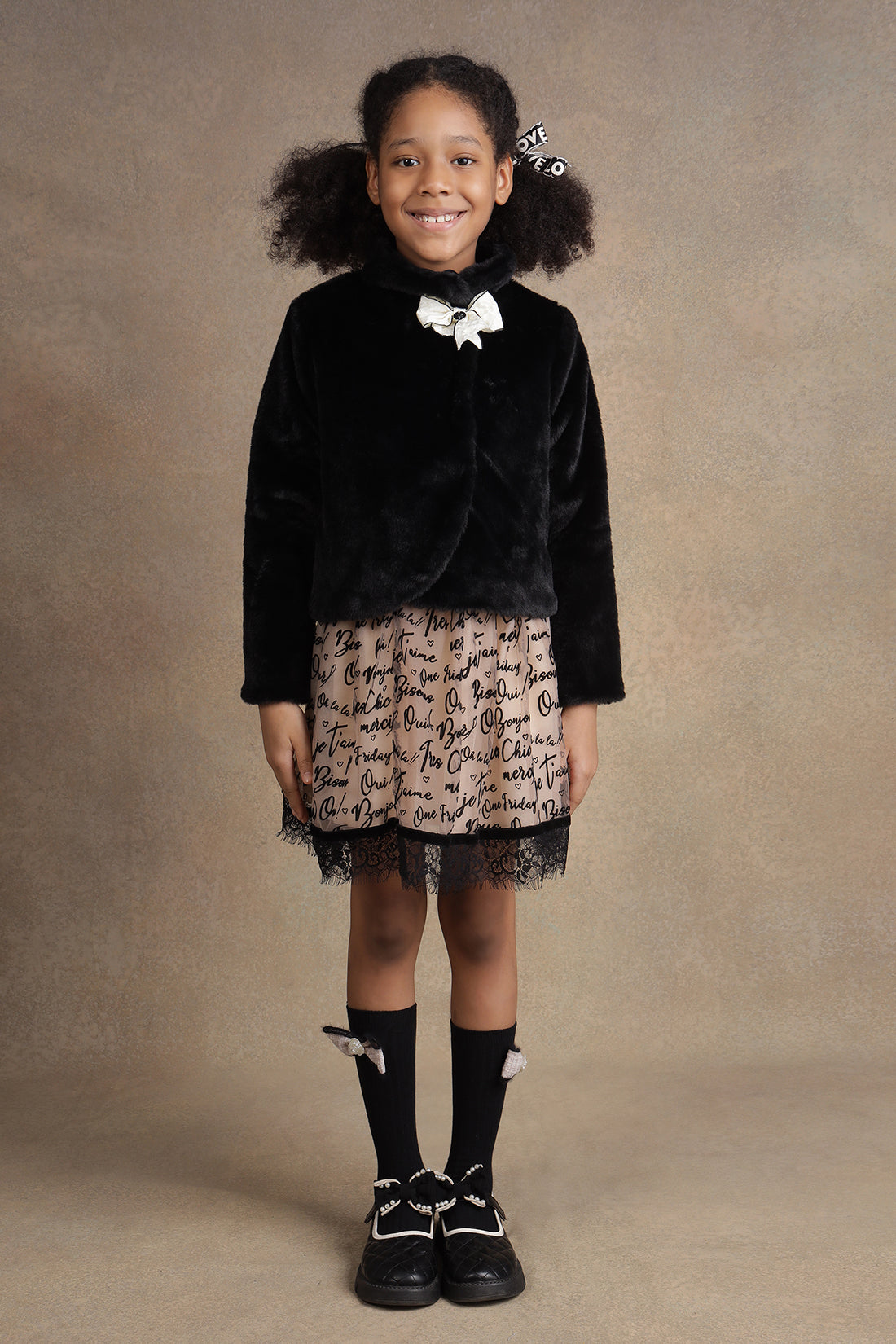 Kids Girls Black Fur Jacket