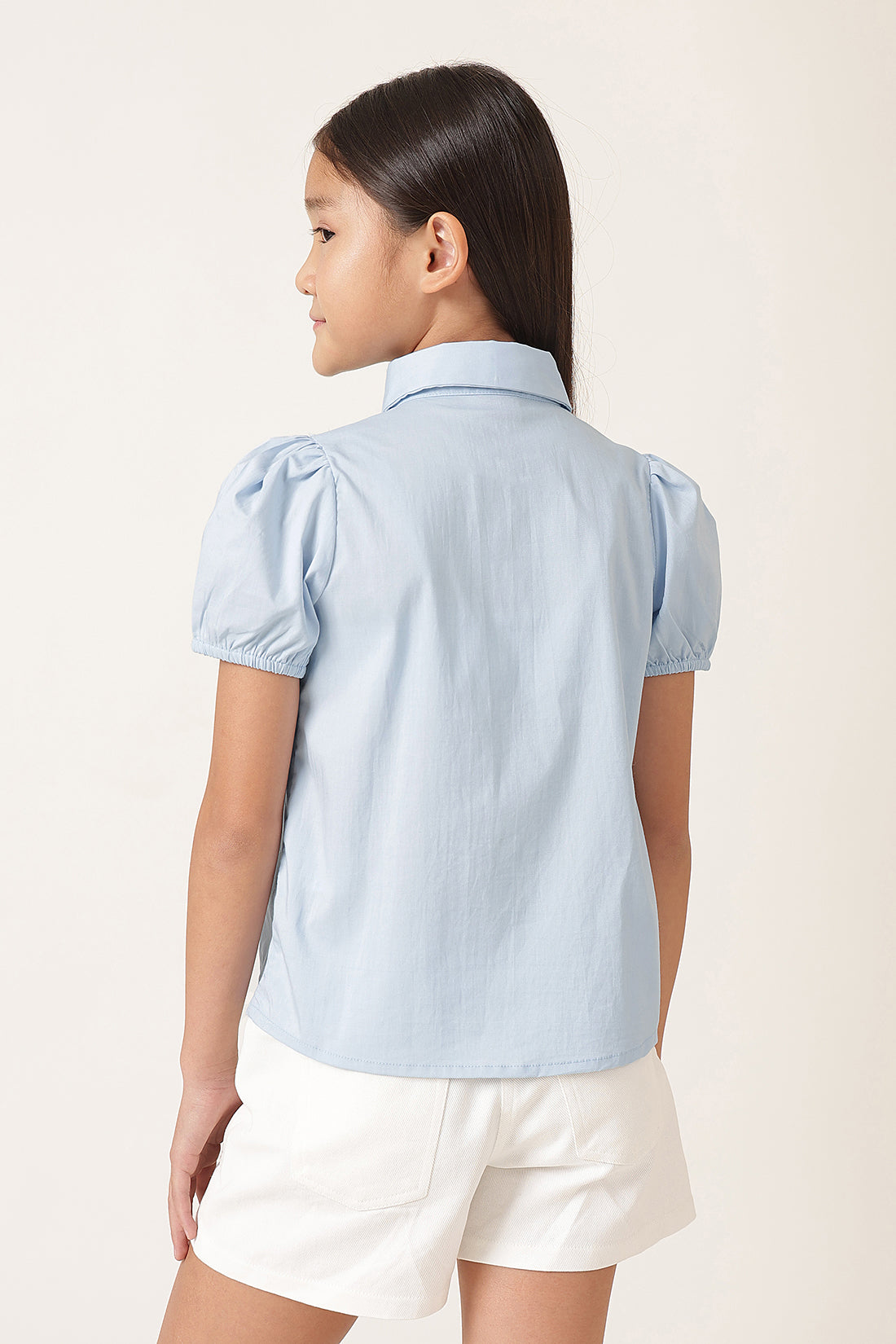 Girls Blue Solid Polyester Summer Top – Button Front