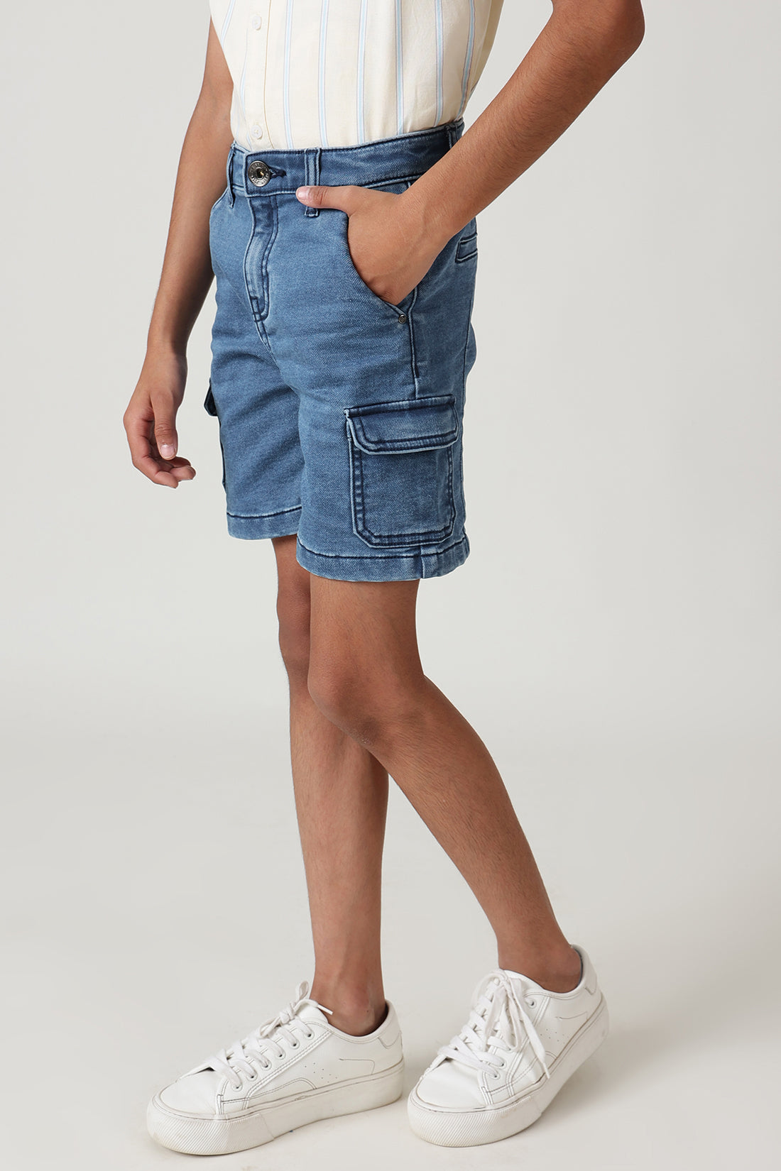 Boys Medium Blue Regular Fitted Solid Shorts by One Friday