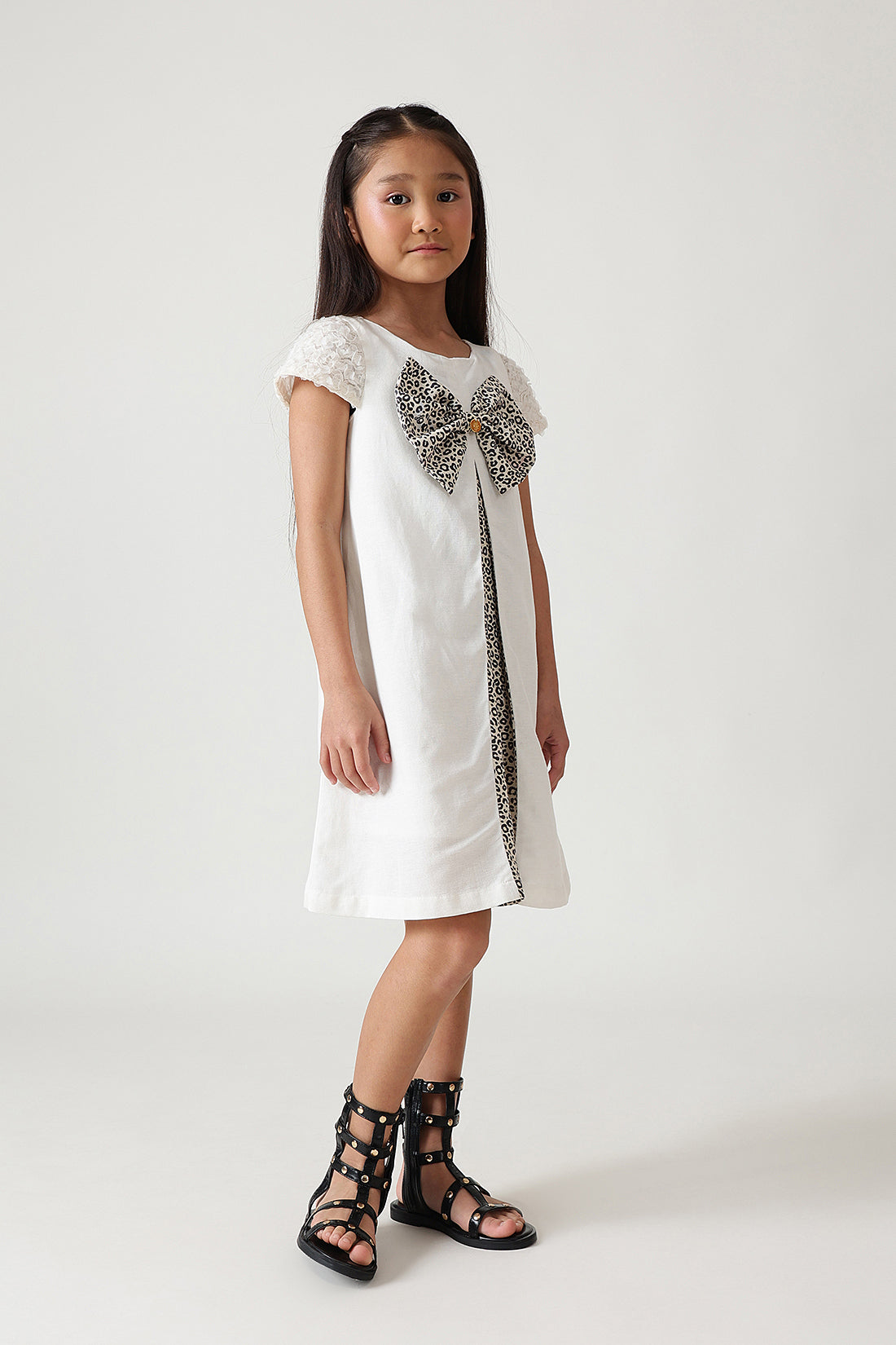 Girls Off-White A-Line Cap Sleeve Solid Dress by One Friday