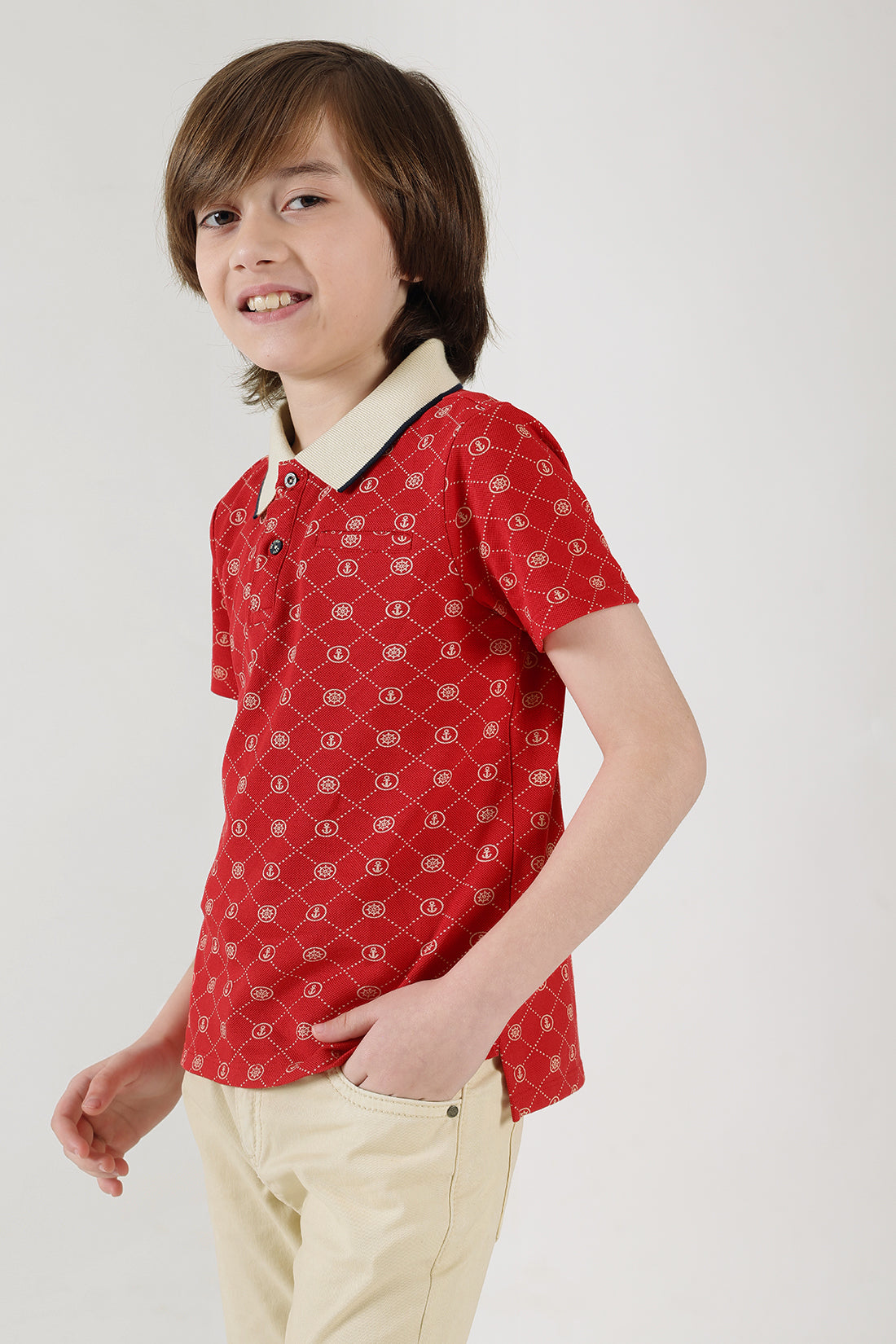 Boys Red Regular Fit Half Sleeve Printed Polo T-Shirt by One Friday