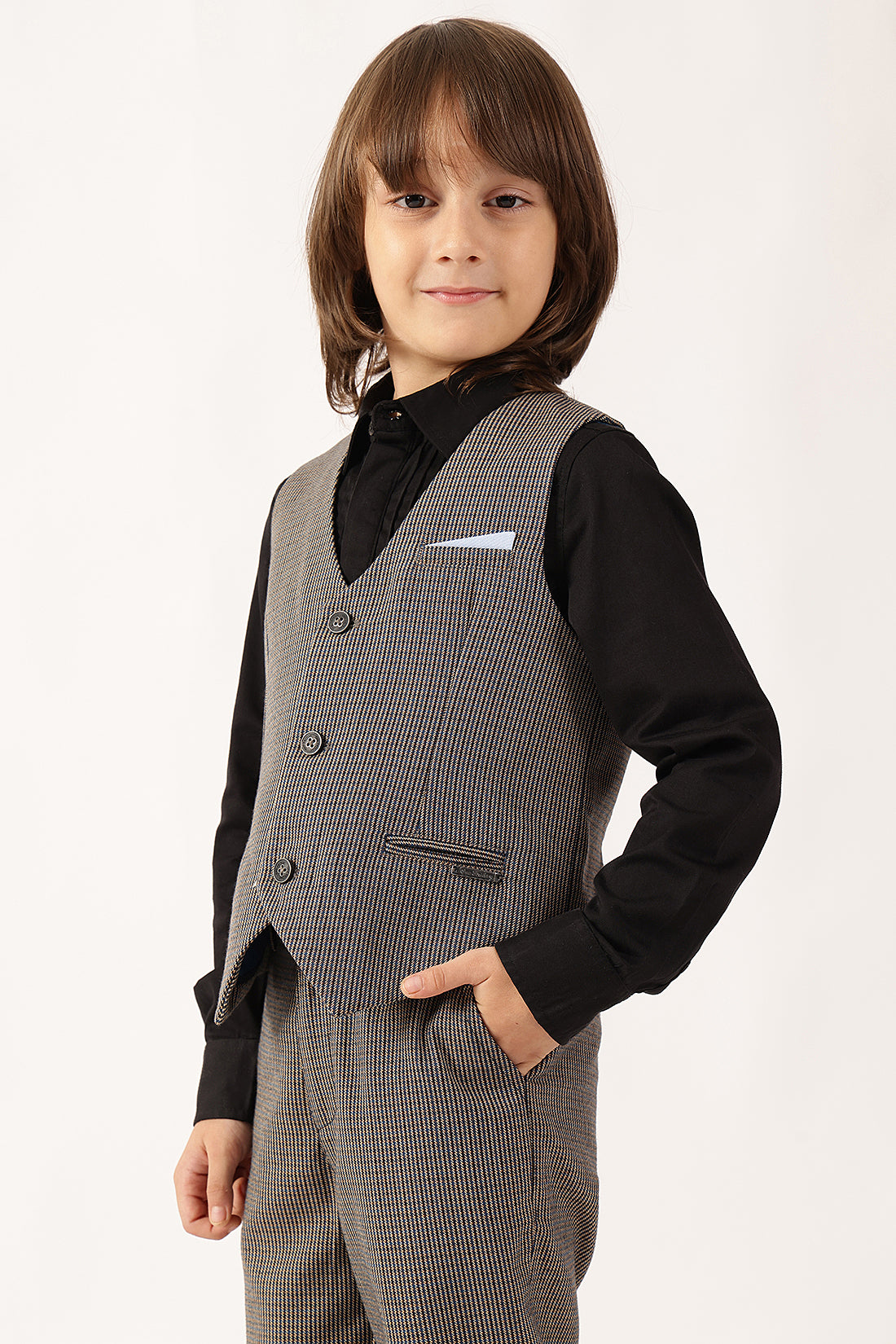 Boys Multi Checked Sleeveless V-Neck Waistcoat