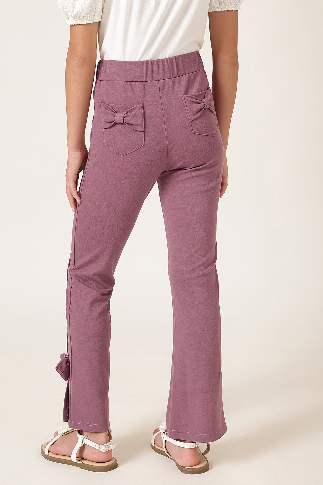 Girls Peach Solid Cotton Casual Jeggings