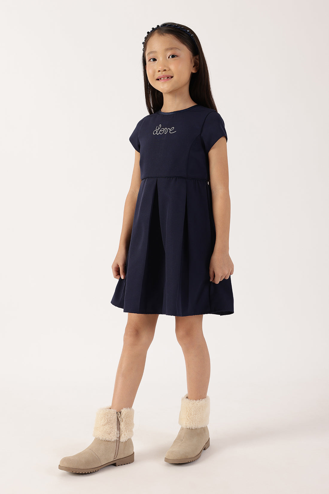 Girls Navy Blue Polyester Full Sleeve Woven Dress | One Friday