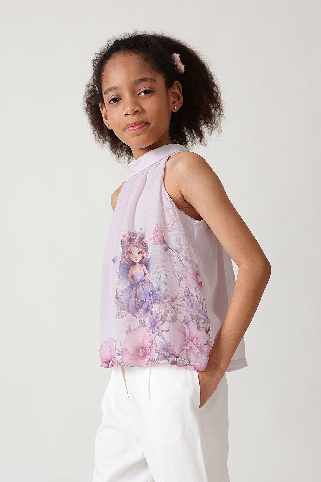 Girls Lavender Flared Sleeveless Fairy Print Top by One Friday