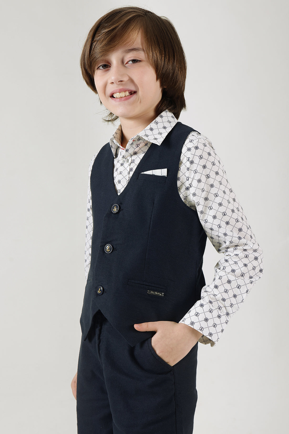 Boys Navy Blue Slim Fit Sleeveless Solid Waistcoat by One Friday