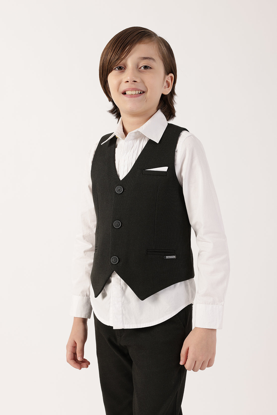 Boys Olive Solid Sleeveless V-Neck Waistcoat