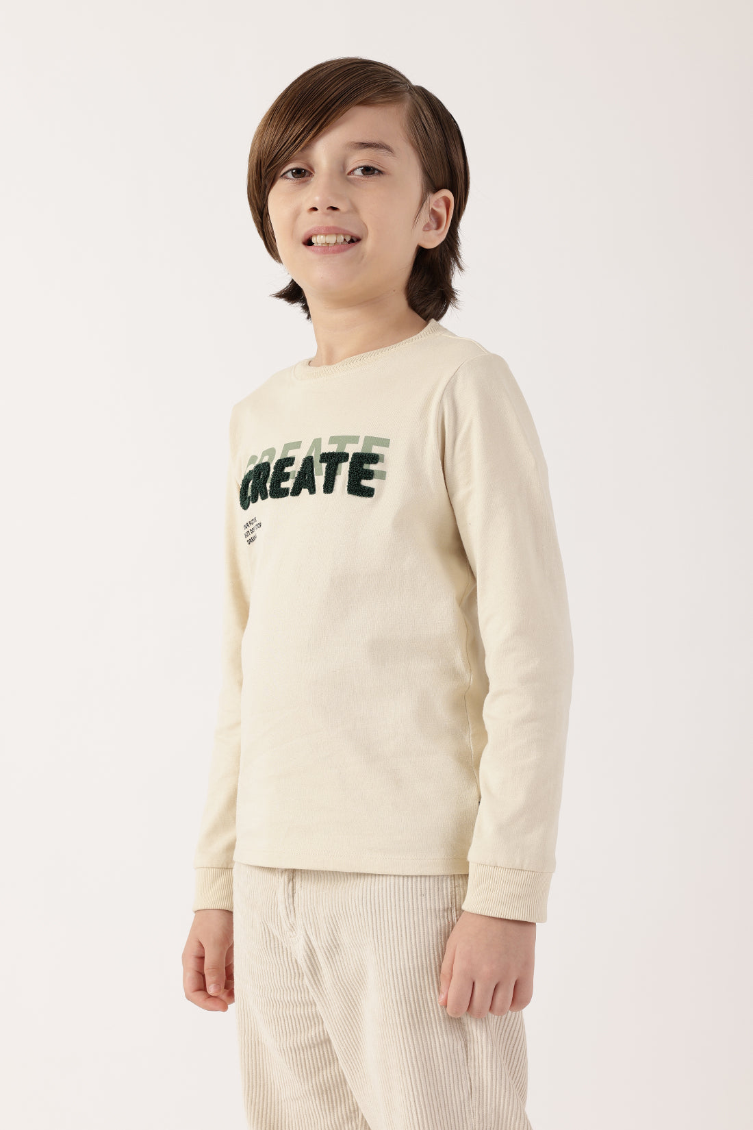 Boys Off White Round Neck Cotton T-Shirt