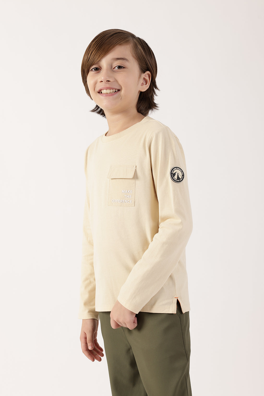Boys Beige Solid Round Neck Cotton T-Shirt