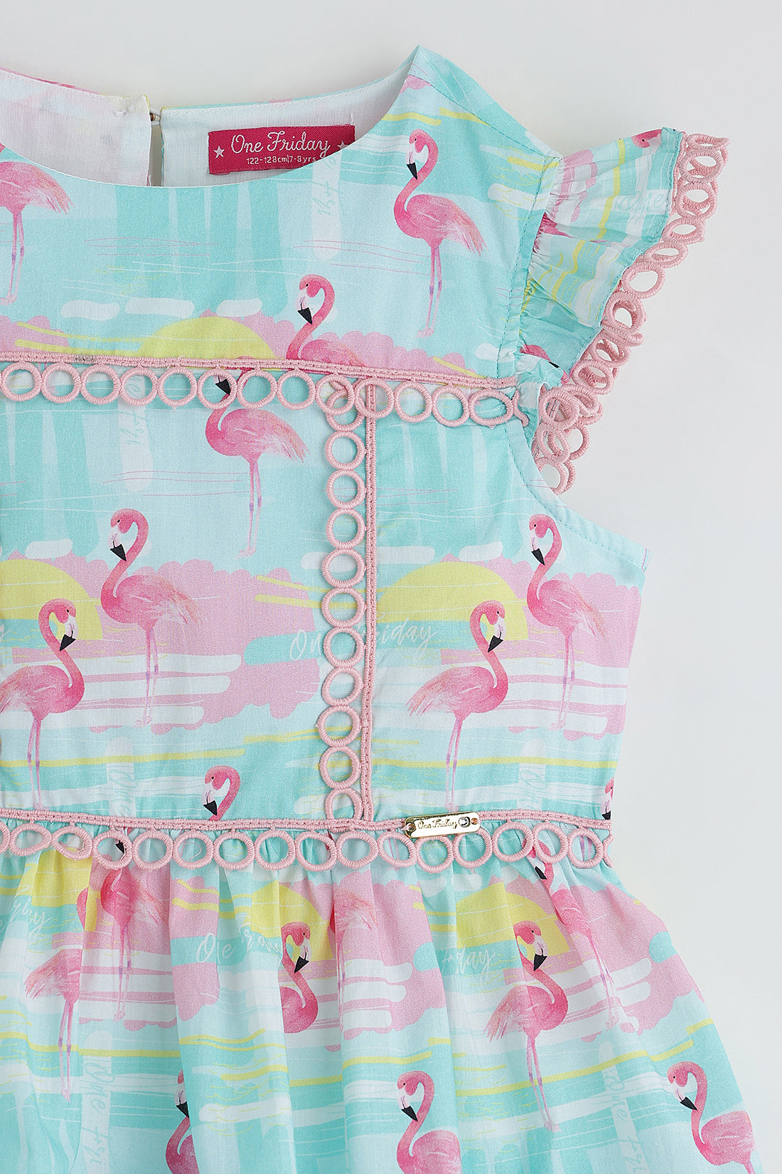 Girls Multicolor Drop Waist Printed Dress with Frill Sleeves by One Friday