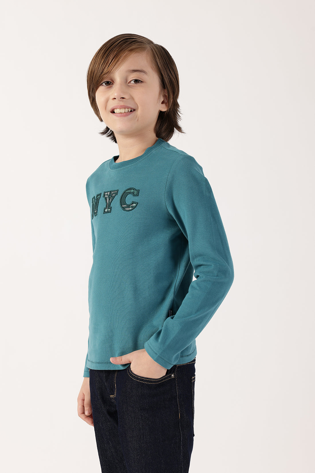 Boys Teal Round Neck Cotton T-Shirt