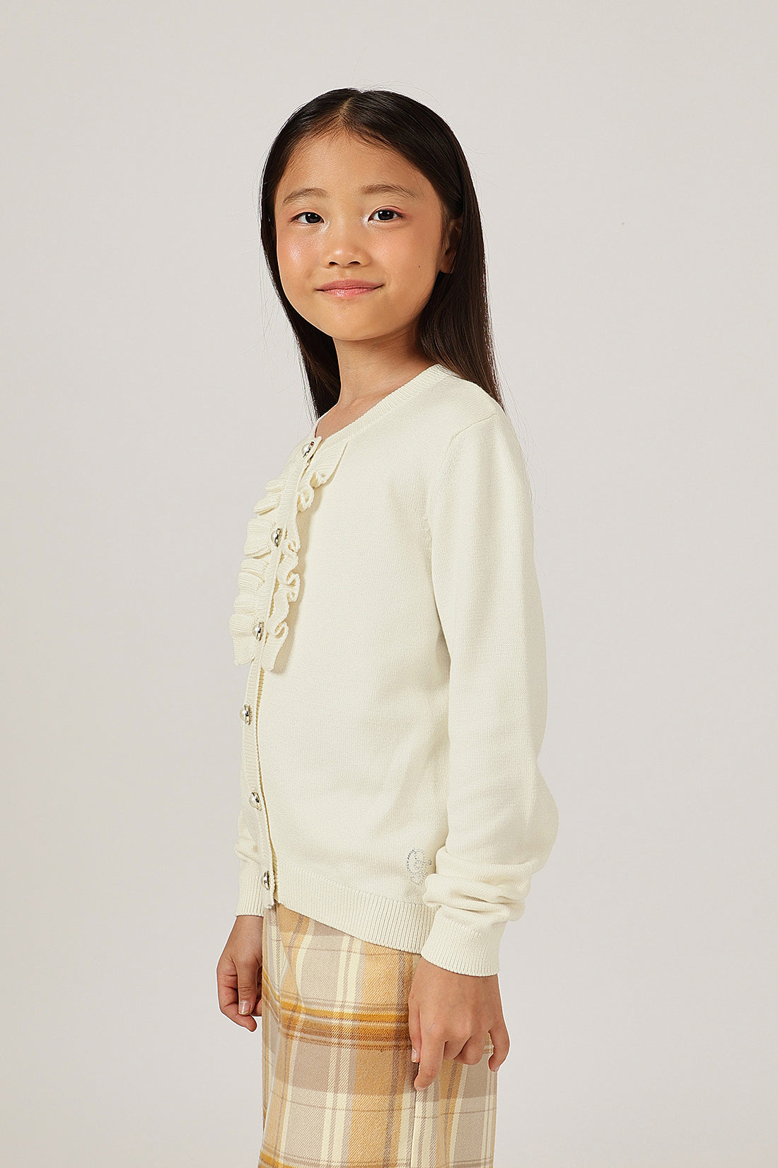 Girls Off White Round Neck Full Sleeve Cardigan