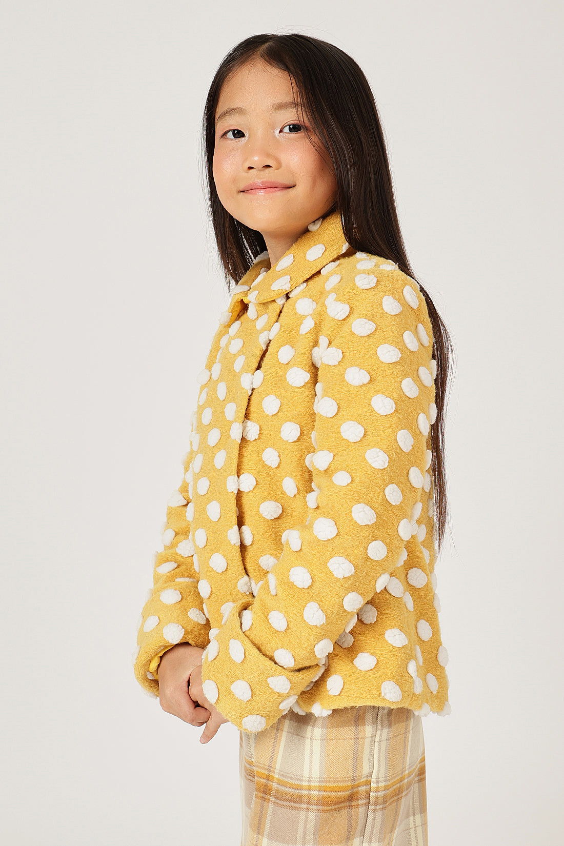 Girls Mustard Polka Dot Buttoned Overcoat