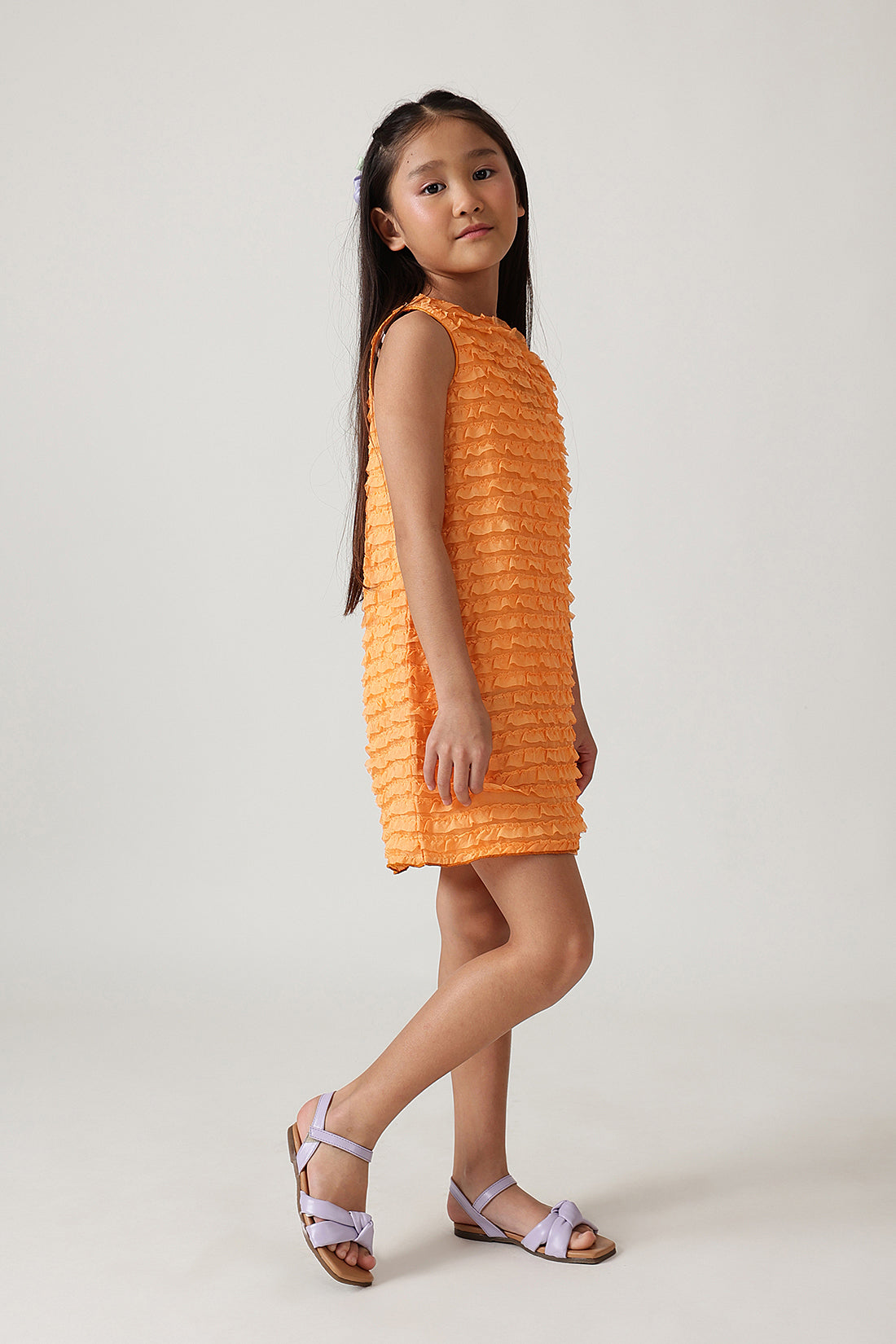 Girls Orange A-Line Sleeveless Solid Dress by One Friday