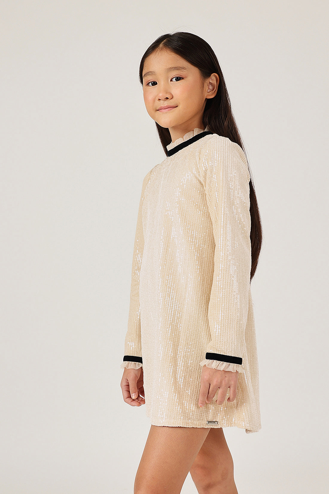 Girls Beige Sequin Full Sleeve Woven Dress | One Friday