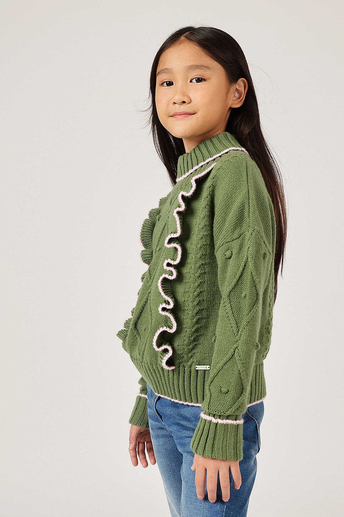 Girls Olive High Neck Knit Sweater