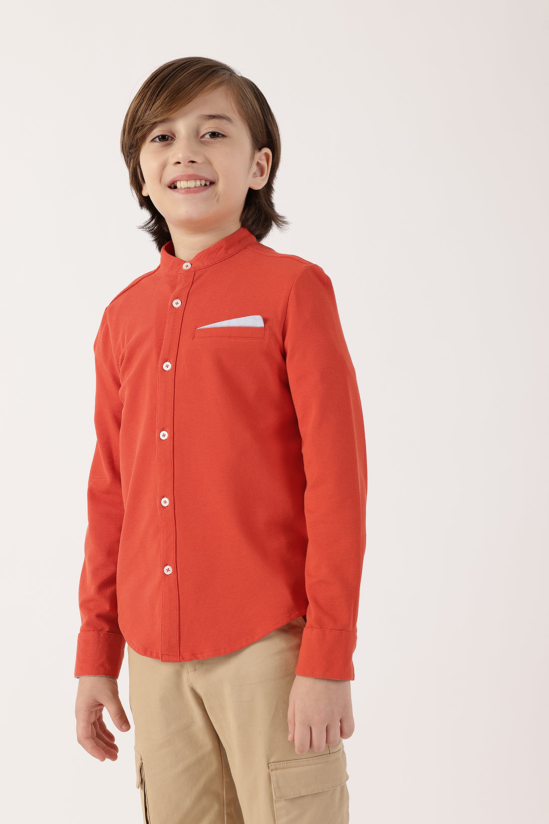 Boys’ Orange Full Sleeve Mandarin Collar Shirt