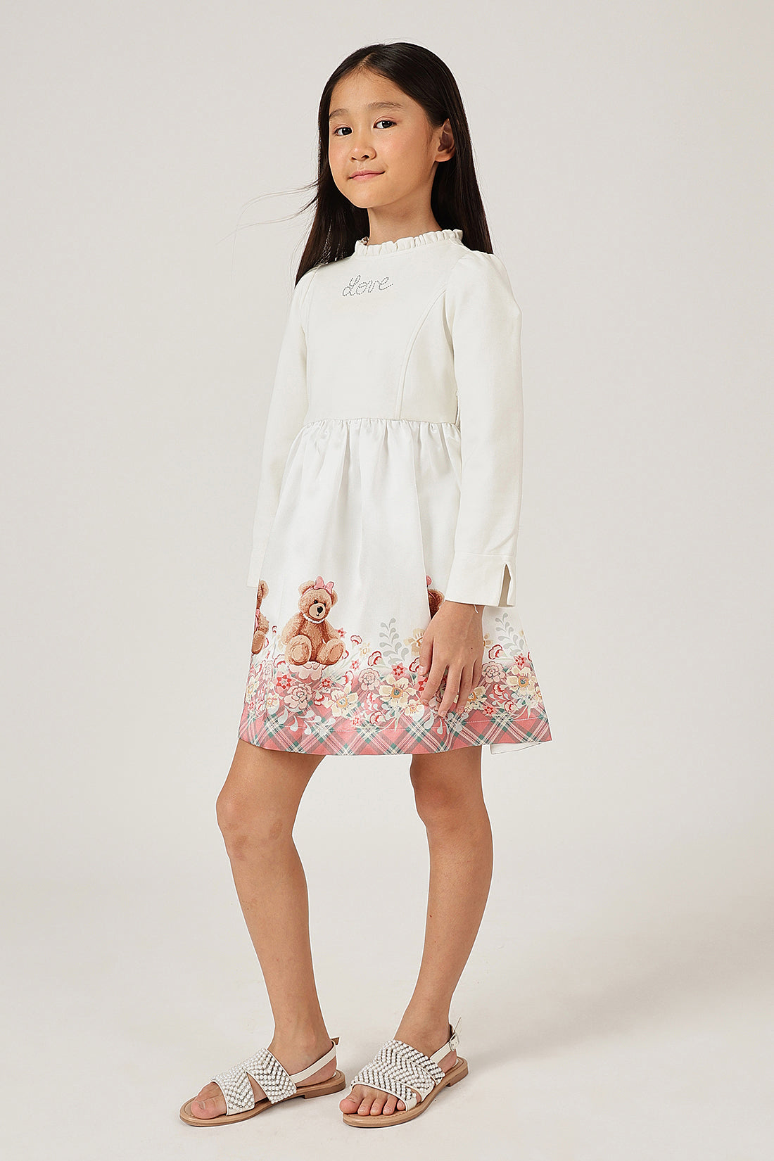 Girls Off White Teddy Round Neck Full Sleeve Dress | One Friday