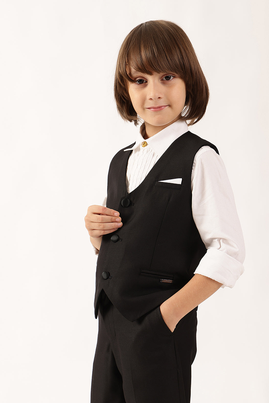 Boys Black Sleeveless V-Neck Button Waistcoat