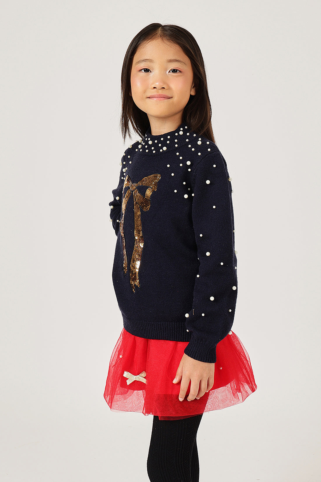 Girls Navy Blue Bow Embroidered Sweater
