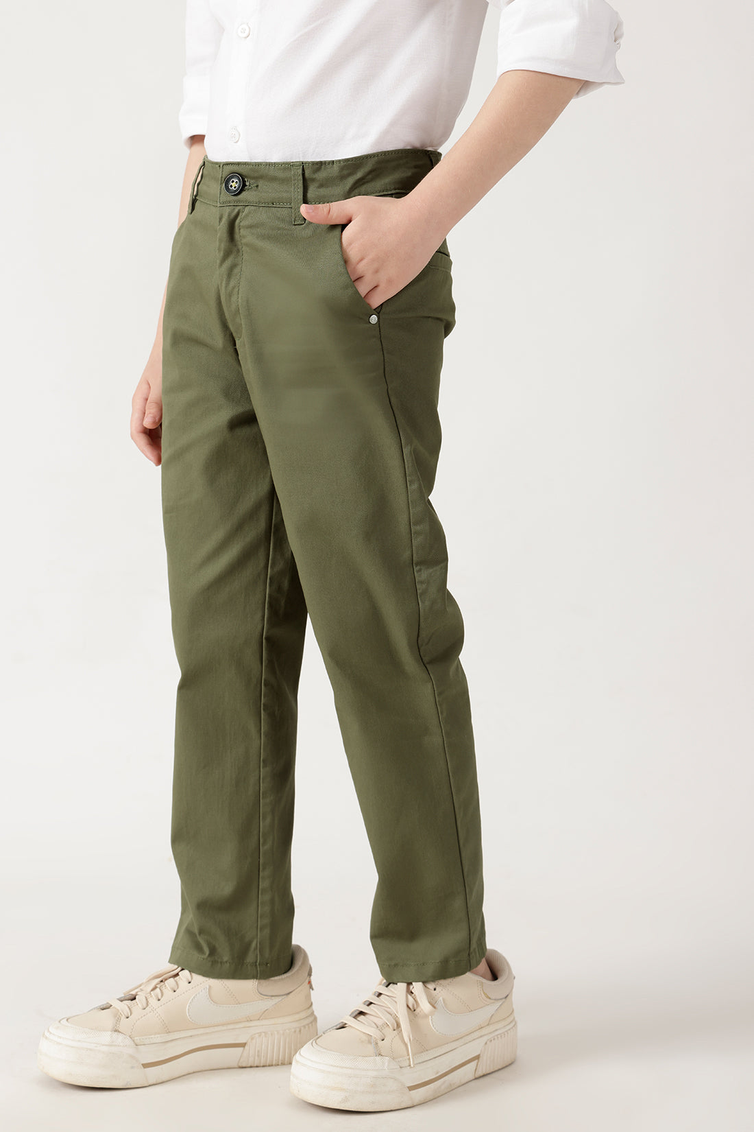 Boys Olive Loose Fit Solid Cargo Trouser By One Friday